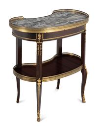 A Pair of Louis XVI Style Gilt Bronze Mounted Mahogany Marble-Top Side Tables