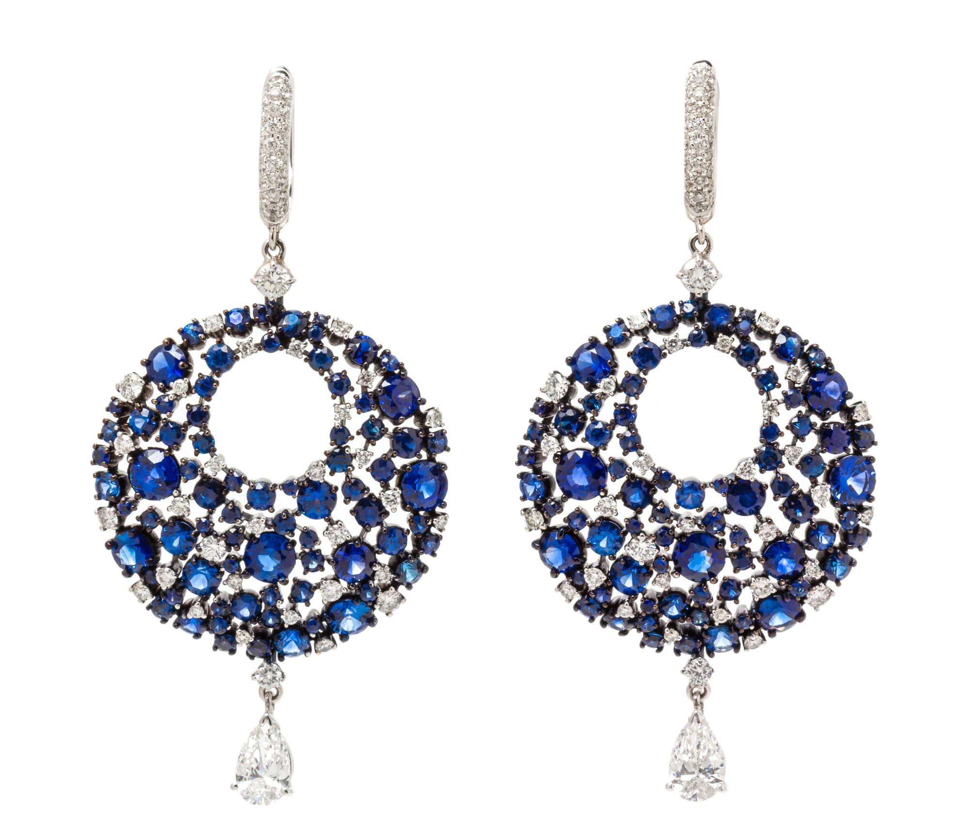 A Pair of Black Rhodium 18 Karat White Gold, Diamond and Sapphire 'Eclipse' Pendant Earrings, Mariani, 12.00 dwts.