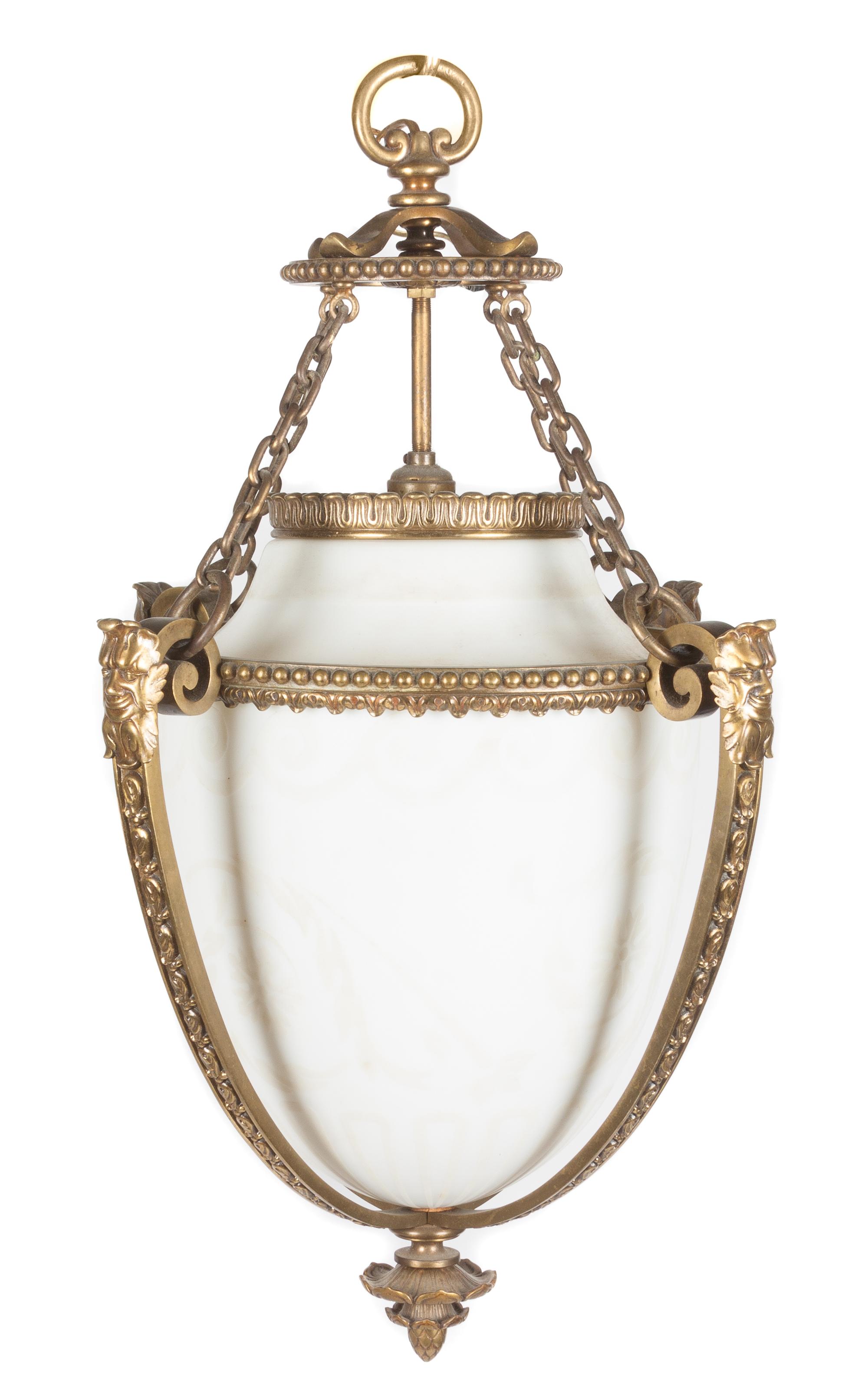 An Acid Etched Glass Metal Mounted Lantern Height overall 21 inches. — attributed to Steuben