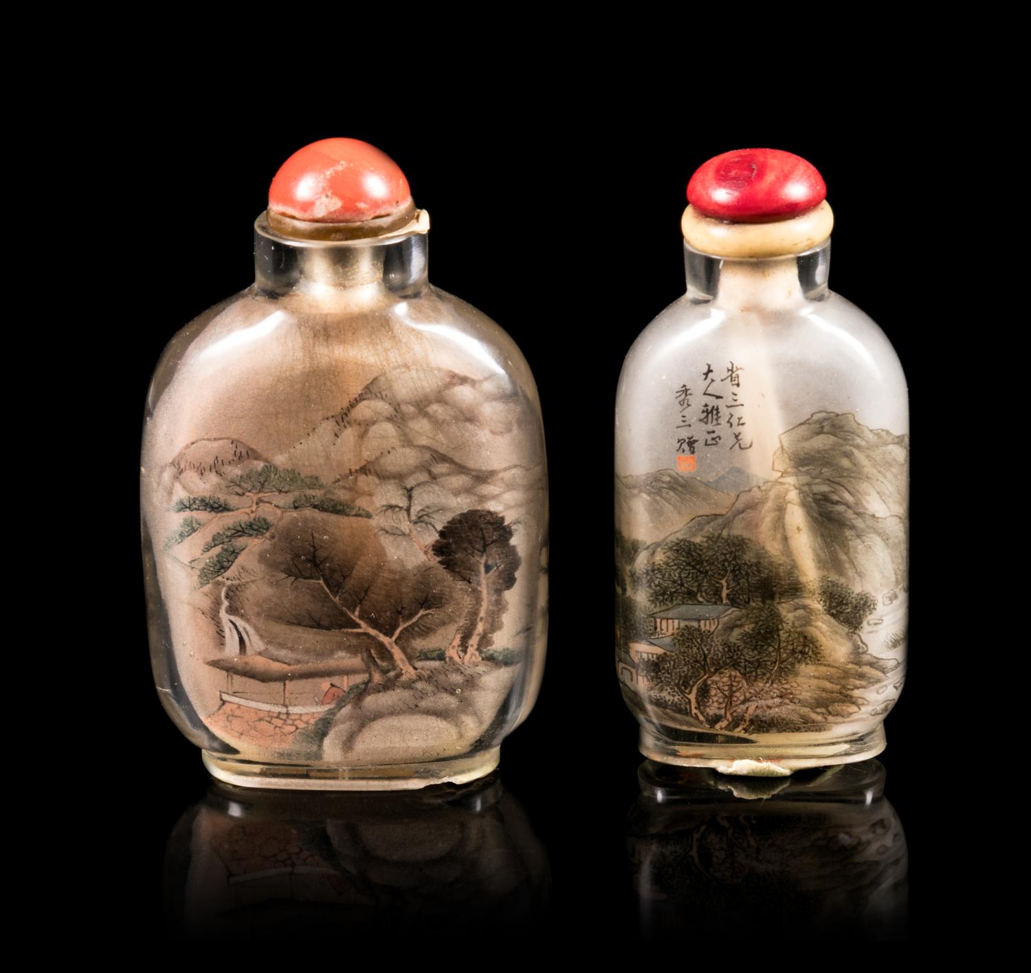 Two Inside Painted Glass Snuff Bottles Height of larger 2 3/4 inches. — SIGNED CHEN SHAOFU (QING DYNASTY), BI RONGJIU (1874-1925)
