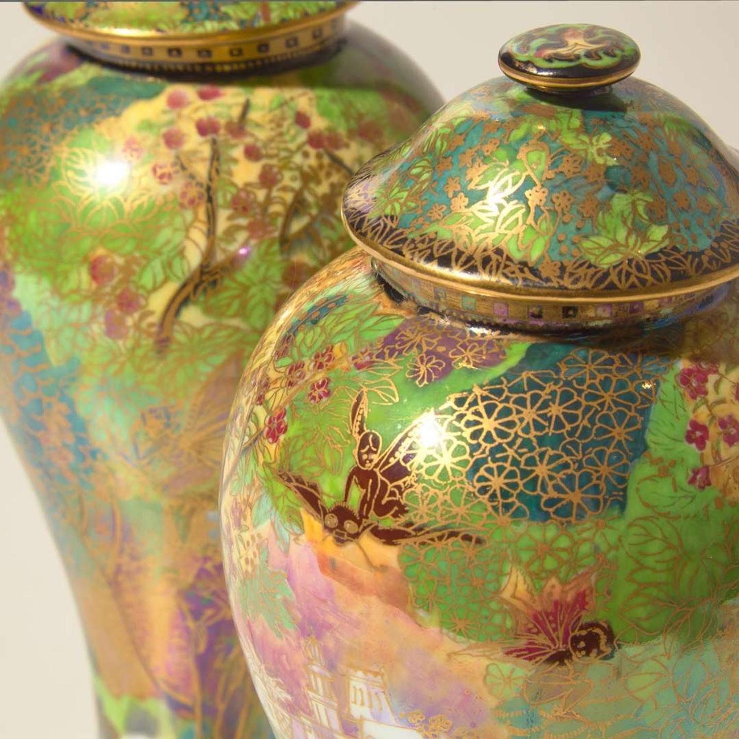 A Pair of Wedgwood Fairyland Lustre "Rainbow" Covered Vases UK, 1920s