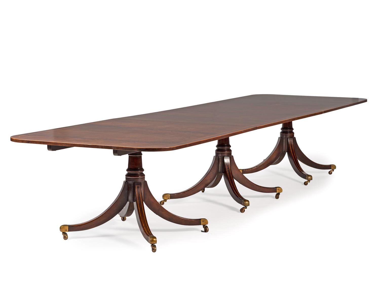A George III Style Five-Pedestal Inlaid Mahogany Dining Room Table