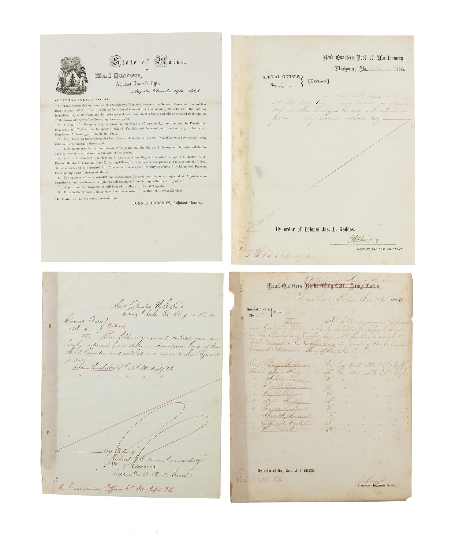 [CIVIL WAR]. A group of 11 Civil War documents from Maine, Pennsylvania, and Ohio.