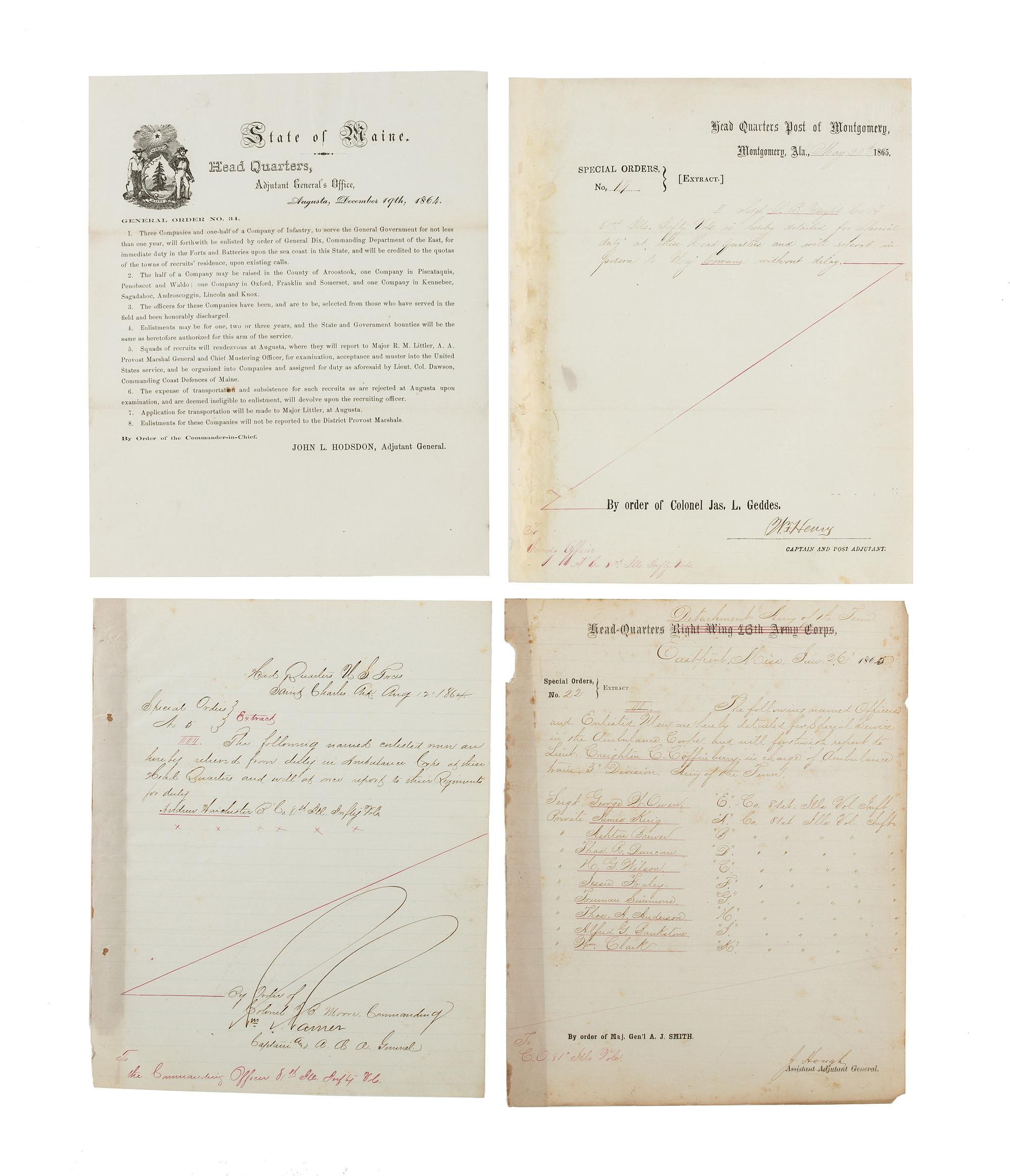 [CIVIL WAR]. A group of 11 Civil War documents from Maine, Pennsylvania, and Ohio.
