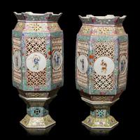 A Pair of Chinese Famille Rose Porcelain Lanterns, Late 19th-Early 20th Century — 晚清-民國 粉彩六方瓷燈籠一對