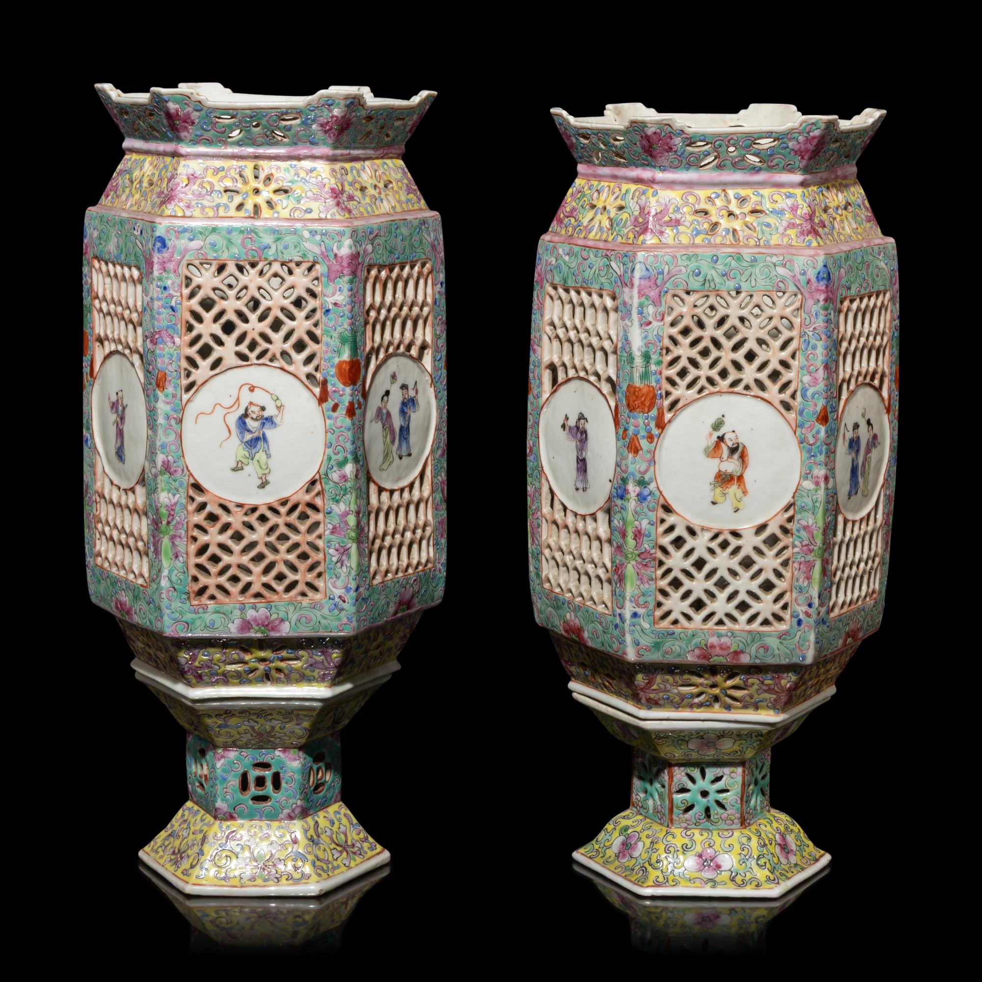 A Pair of Chinese Famille Rose Porcelain Lanterns, Late 19th-Early 20th Century — 晚清-民國 粉彩六方瓷燈籠一對