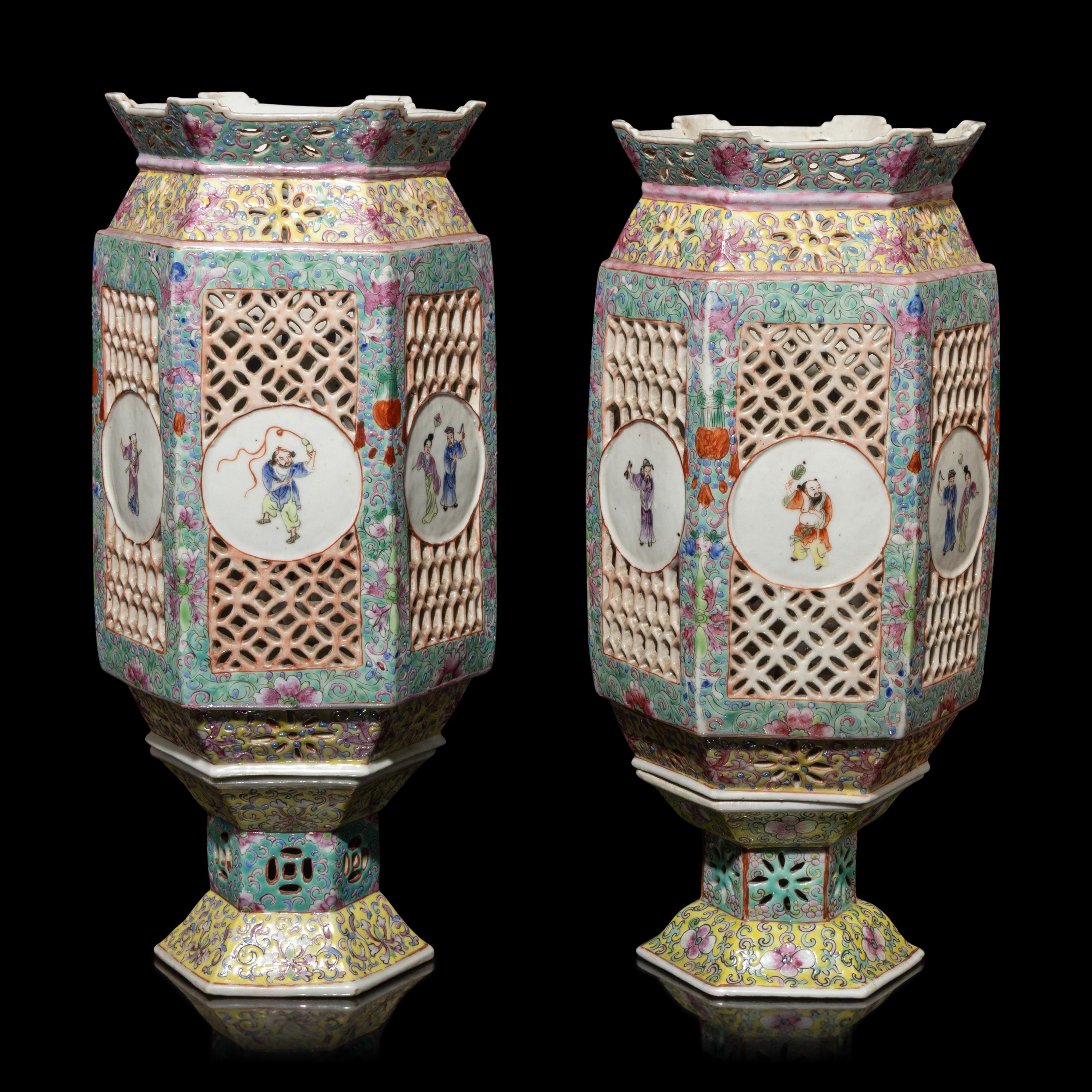 A Pair of Chinese Famille Rose Porcelain Lanterns, Late 19th-Early 20th Century — 晚清-民國 粉彩六方瓷燈籠一對