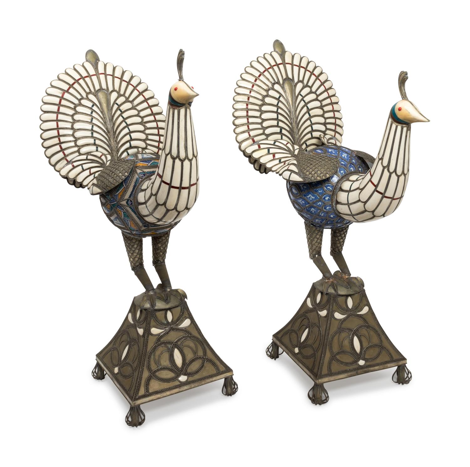 A Pair of Middle Eastern Inlaid Silvered Metal and Porcelain Models of Peacocks — LATE 19TH / EARLY 20TH CENTURY
