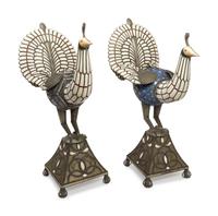 A Pair of Middle Eastern Inlaid Silvered Metal and Porcelain Models of Peacocks — LATE 19TH / EARLY 20TH CENTURY