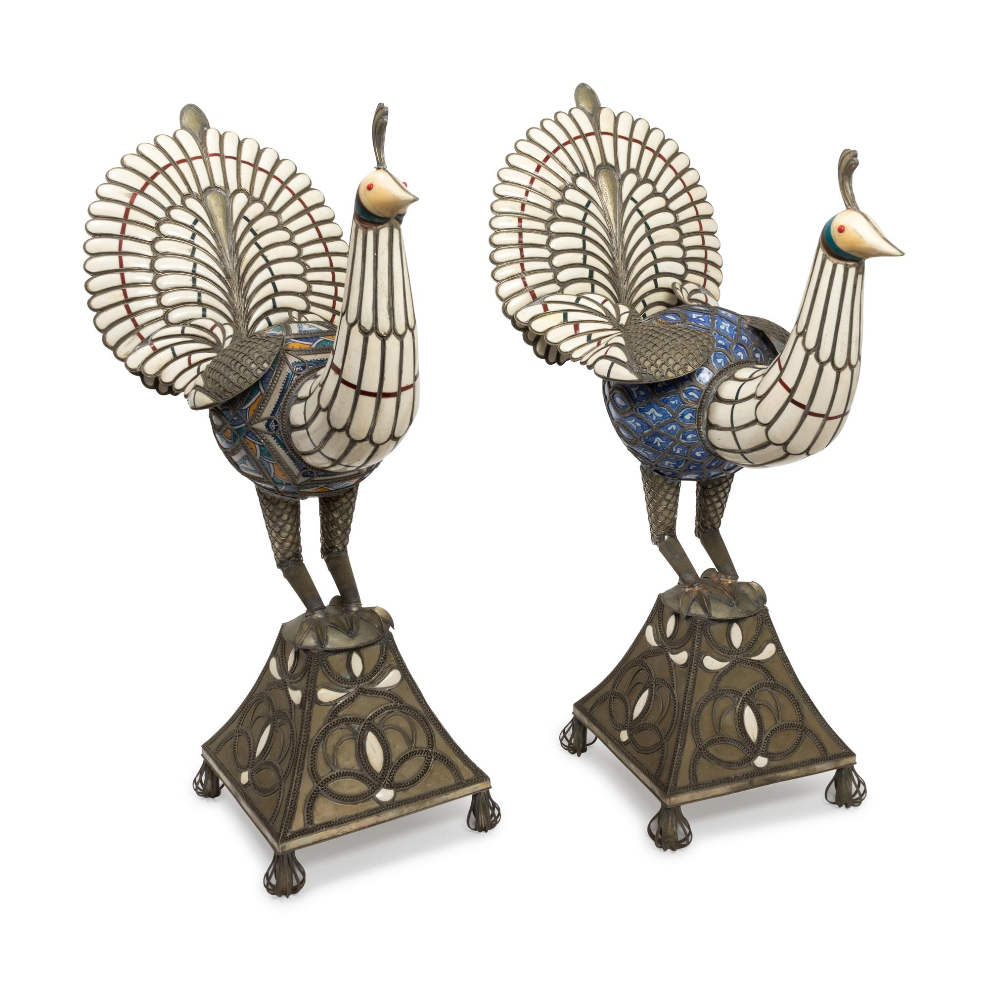 A Pair of Middle Eastern Inlaid Silvered Metal and Porcelain Models of Peacocks — LATE 19TH / EARLY 20TH CENTURY