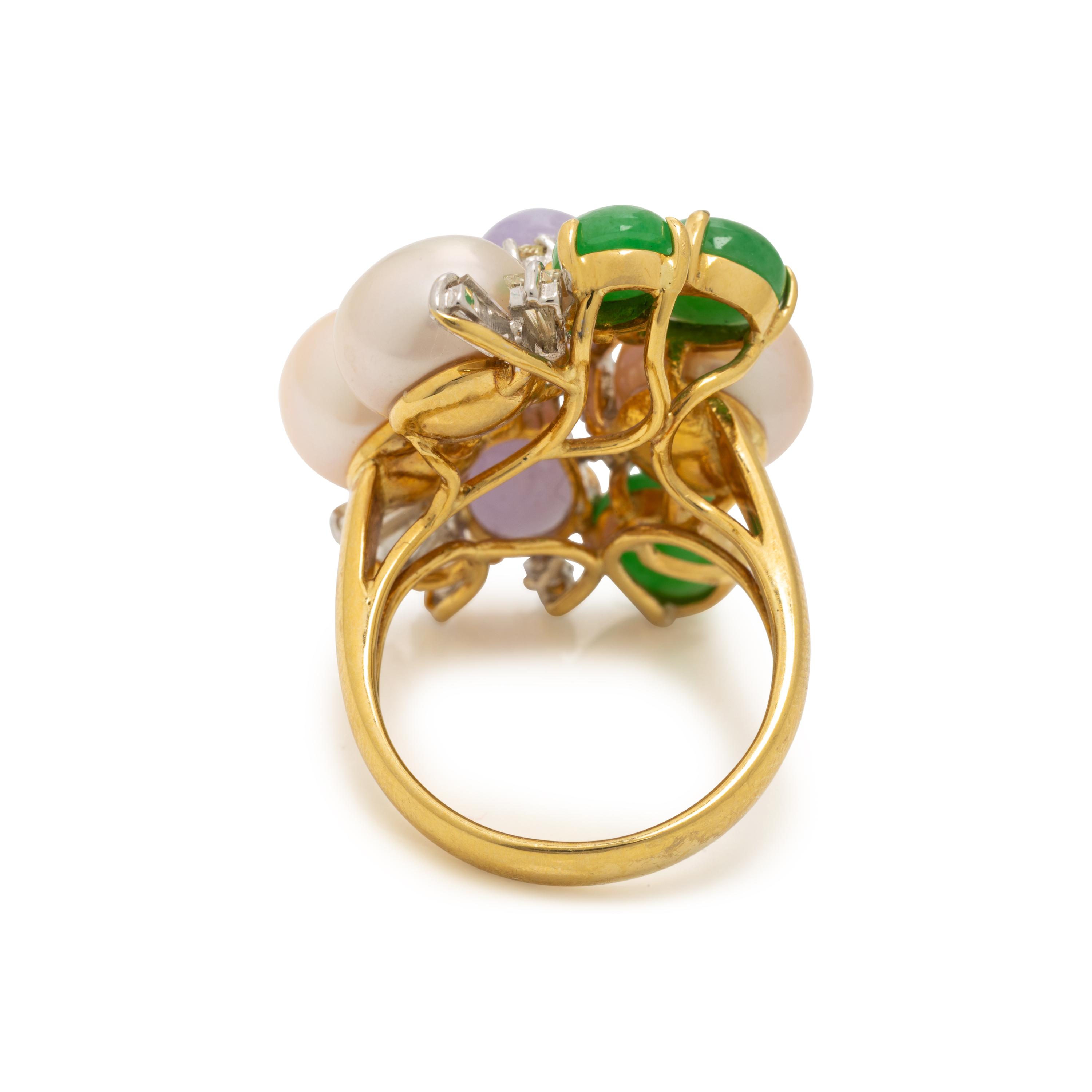 Cultured Pearl, Jade, and Diamond Ring