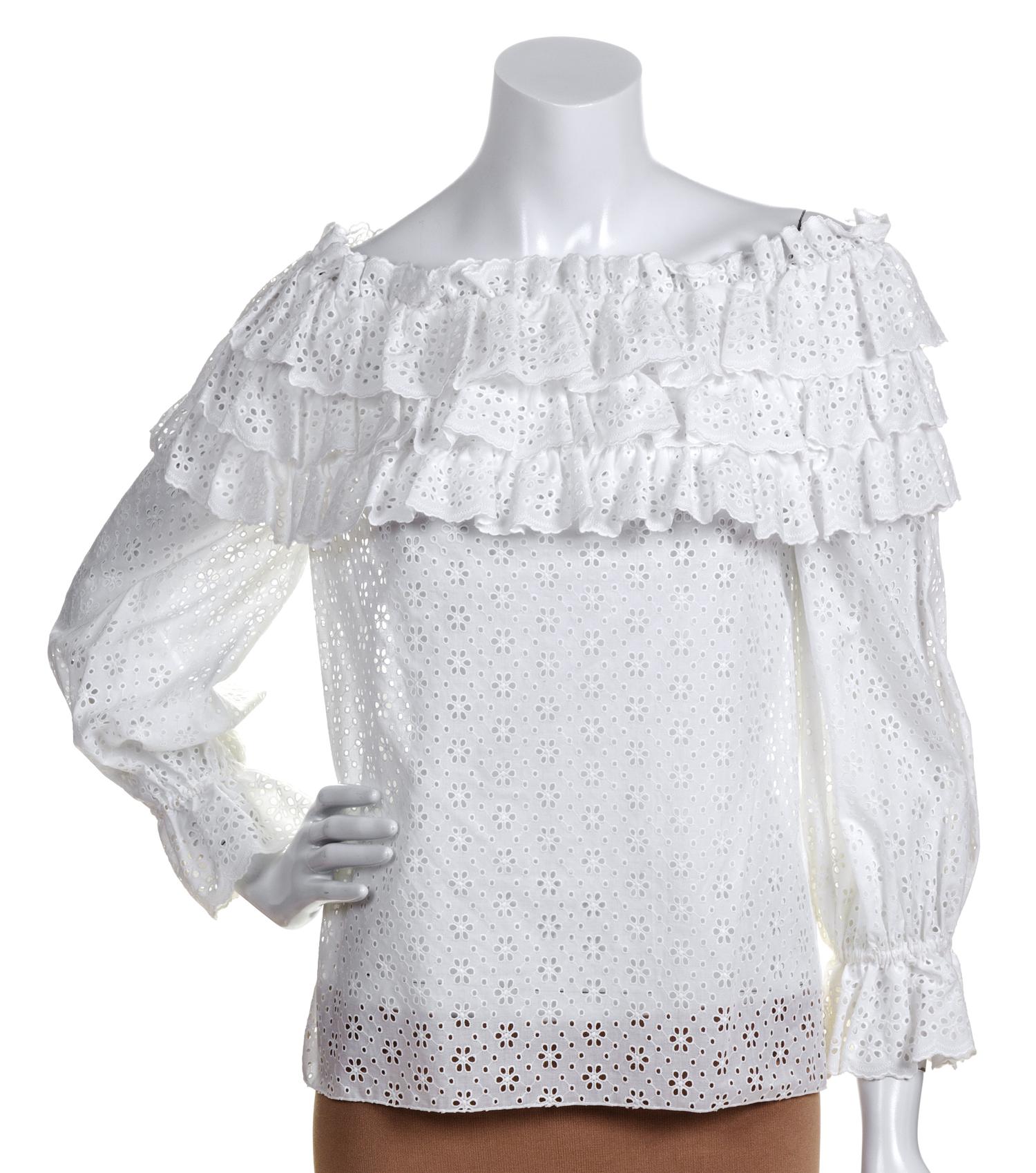 A Chanel White Eyelet Cold Shoulder Blouse.