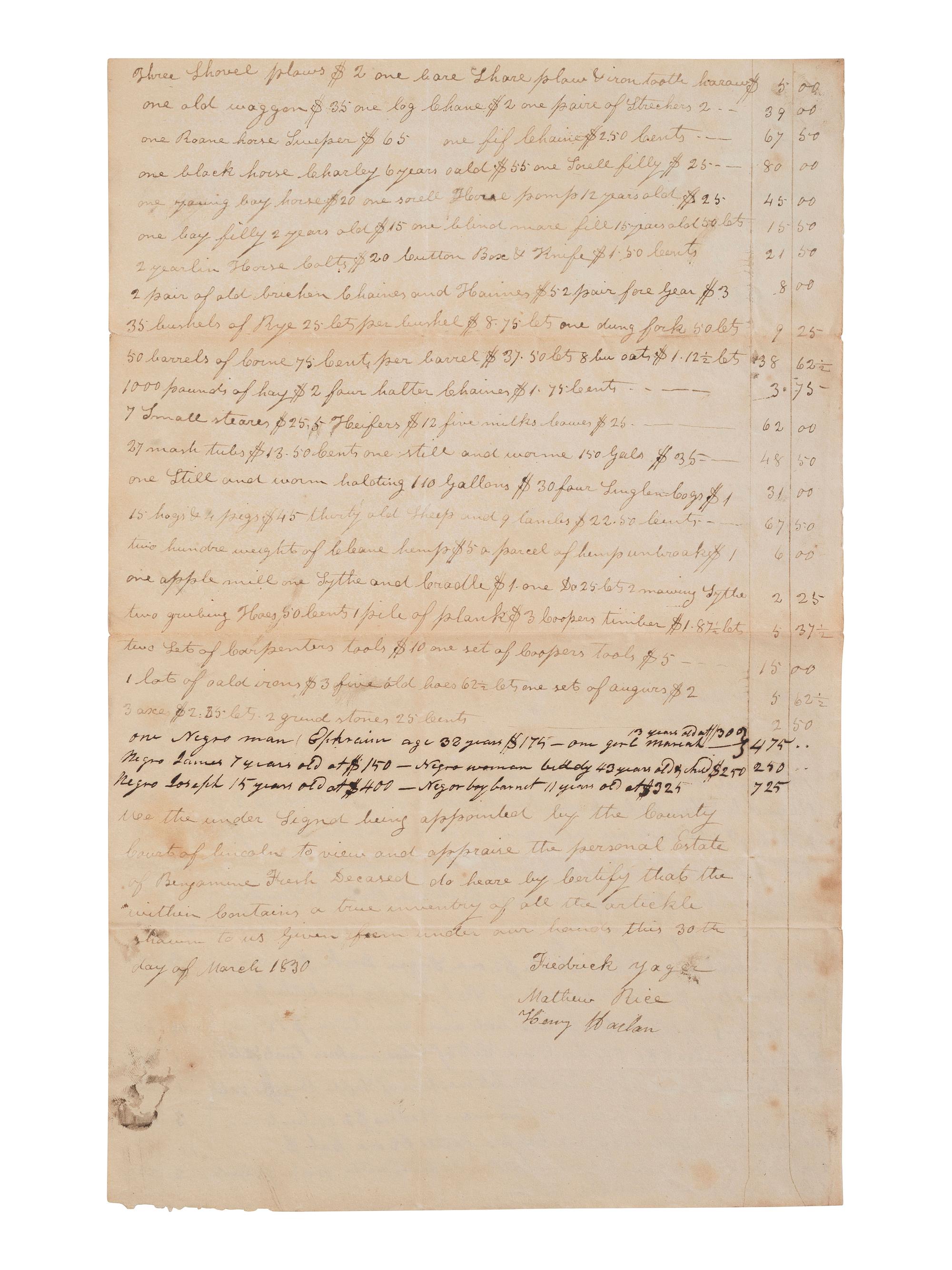 [ENSLAVEMENT & ABOLITION]. A group of 6 estate documents listing individual enslaved persons, most by name. Ca 1830-1858.