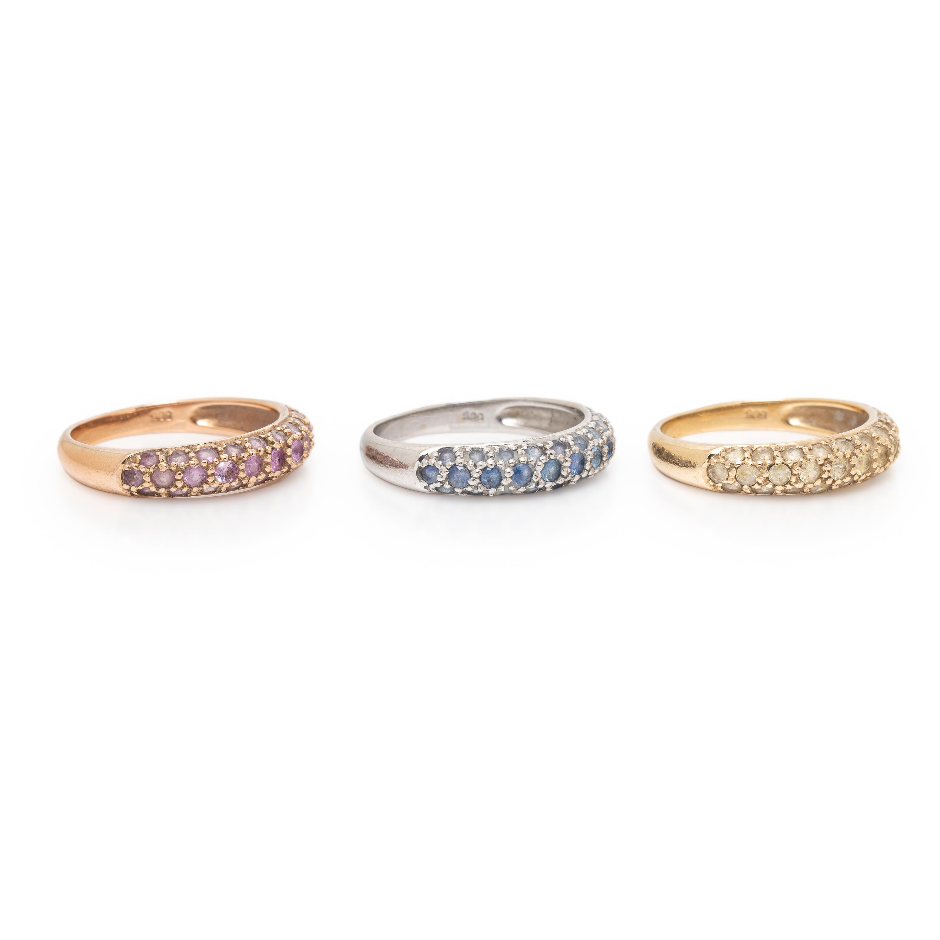 Three Multicolor Sapphire and Tricolor Gold Stacking Rings