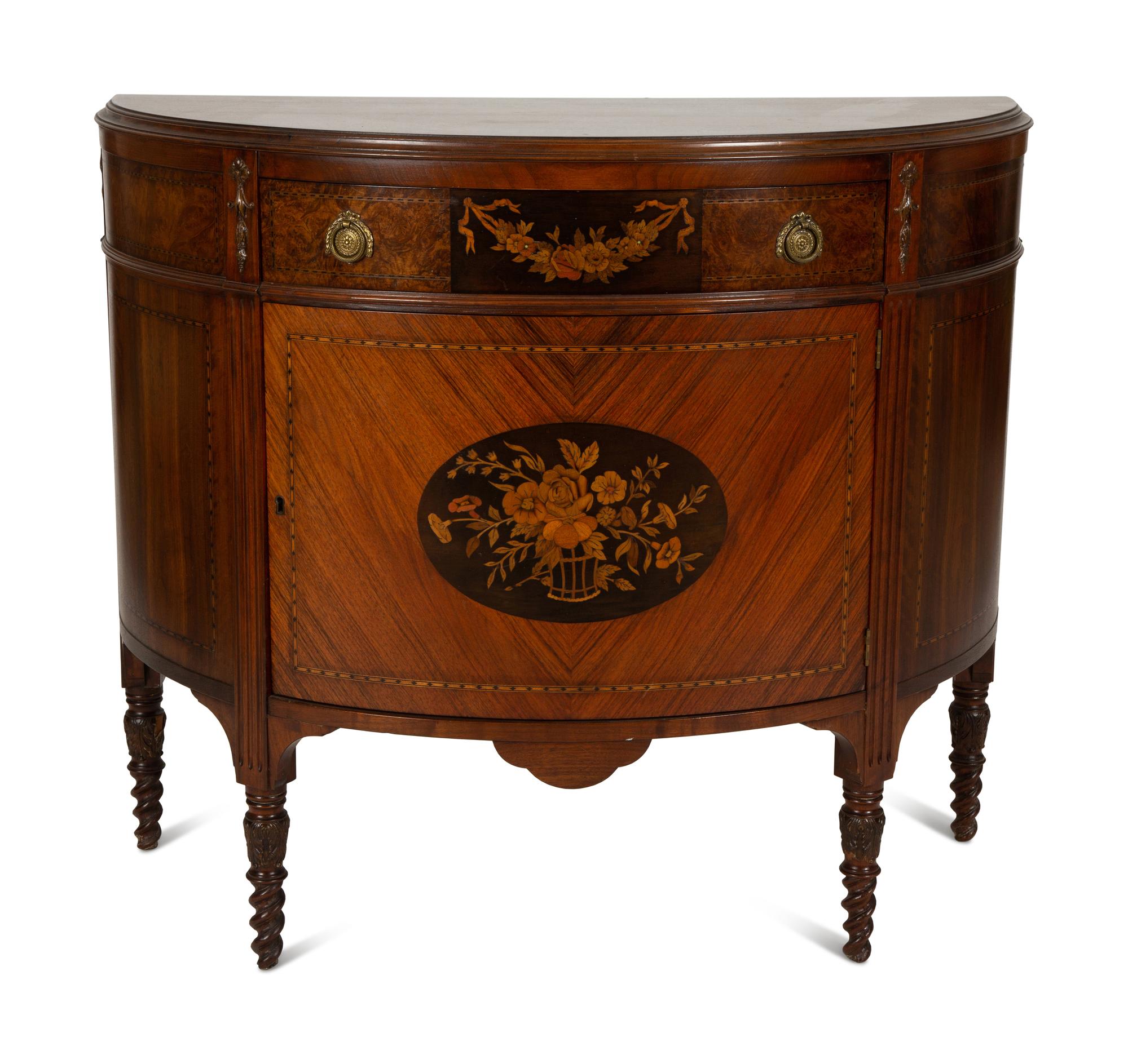 An English Fruitwood and Mahogany Marquetry Demilune Cabinet