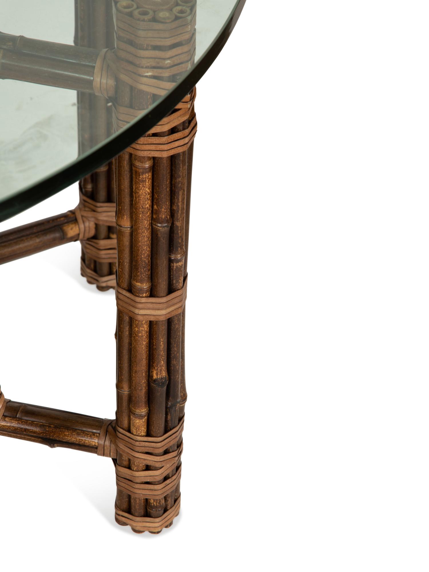 A McGuire Leather-Wrapped Bamboo Glass-Top Coffee Table