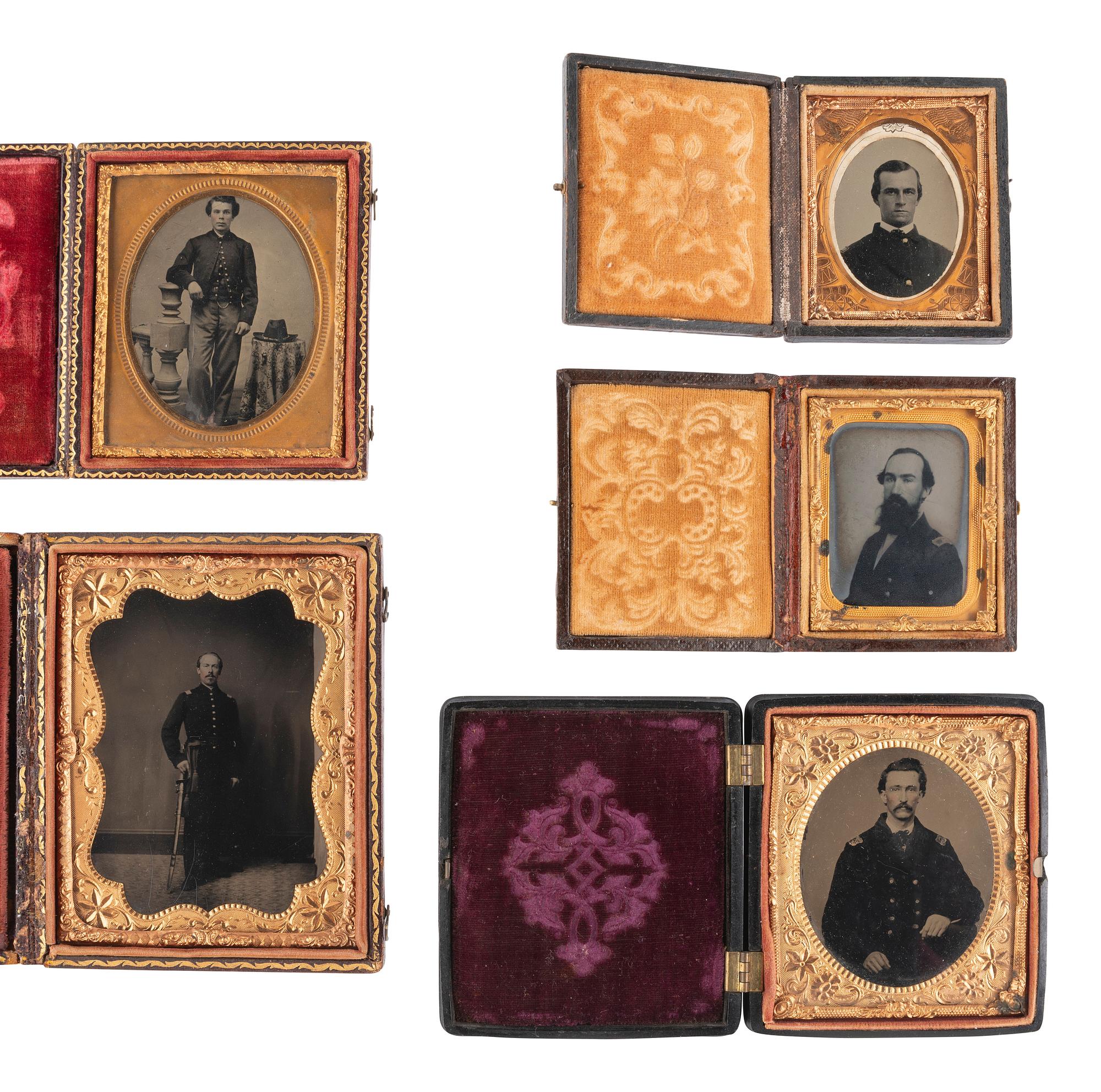 [CIVIL WAR] 5 cased tintypes of officers incl. company grade officer with 1850 Foot Officer's Sword.