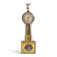 A Classical Parcel-Gilt, Brass-Mounted and Eglomise-Panel Inset Banjo Clock