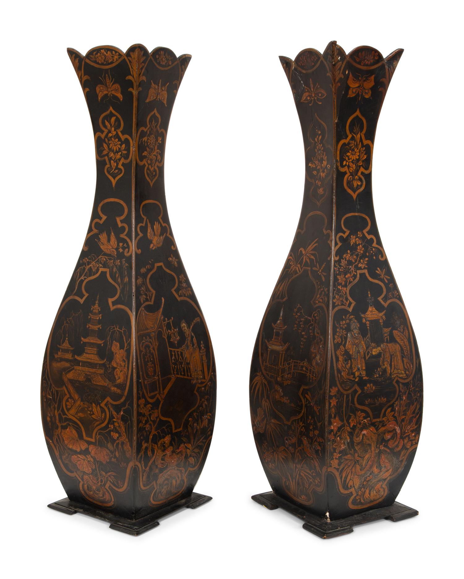 A Pair of Parcel Gilt and Black Japanned Wood Vases