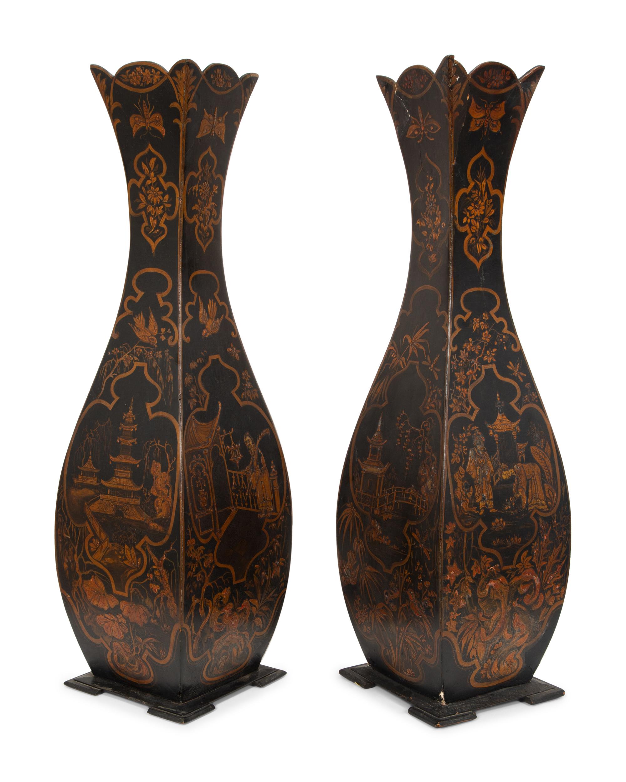 A Pair of Parcel Gilt and Black Japanned Wood Vases