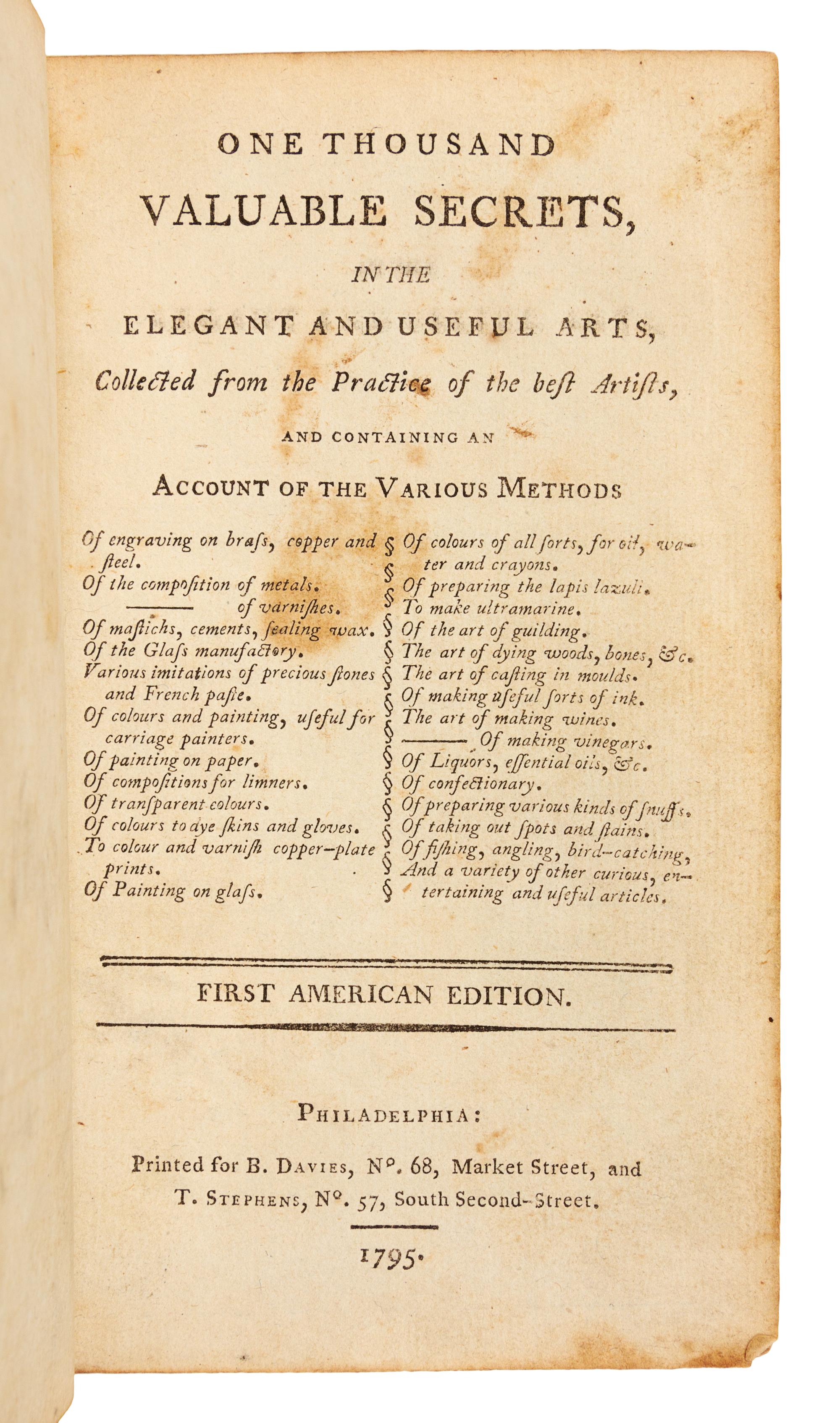 Valuable Secrets concerning Arts and Trades. Norwalk: Thomas Hubbard, 1795.