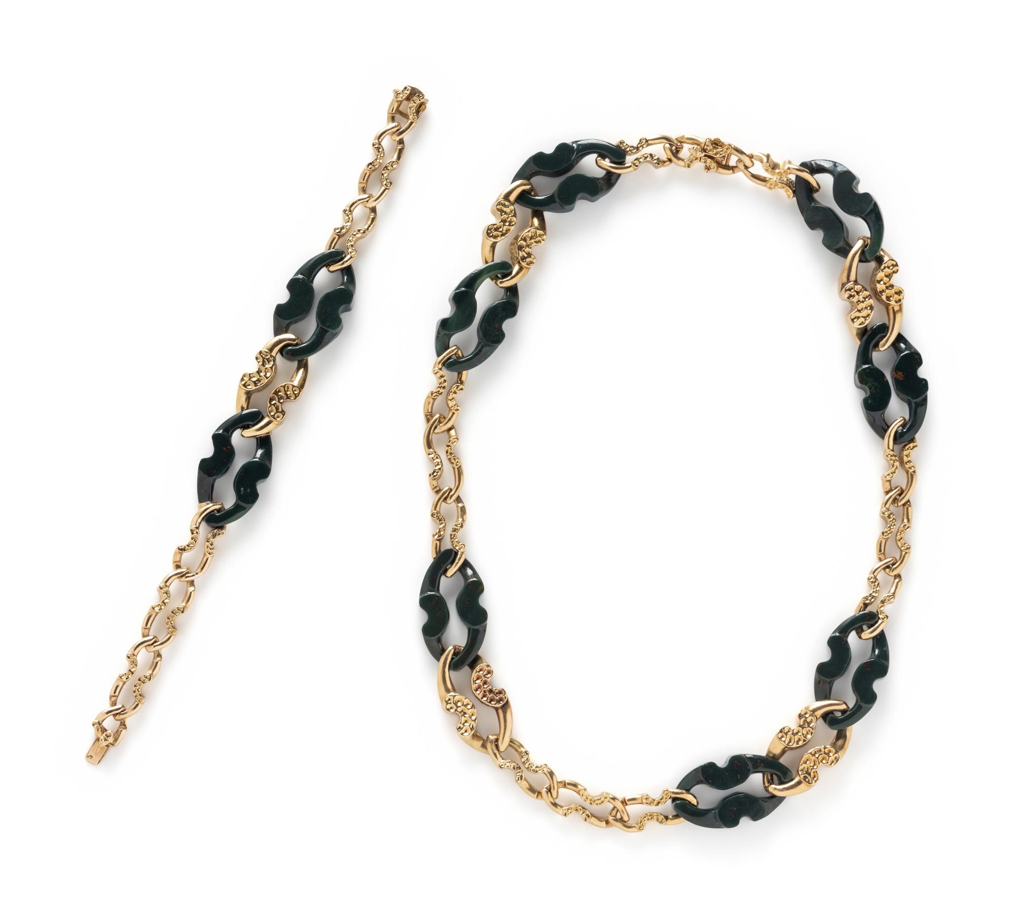 M. GÉRARD, YELLOW GOLD AND BLOODSTONE NECKLACE AND BRACELET