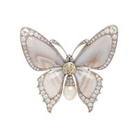 BANDED AGATE, DIAMOND, AND CULTURED PEARL BUTTERFLY BROOCH