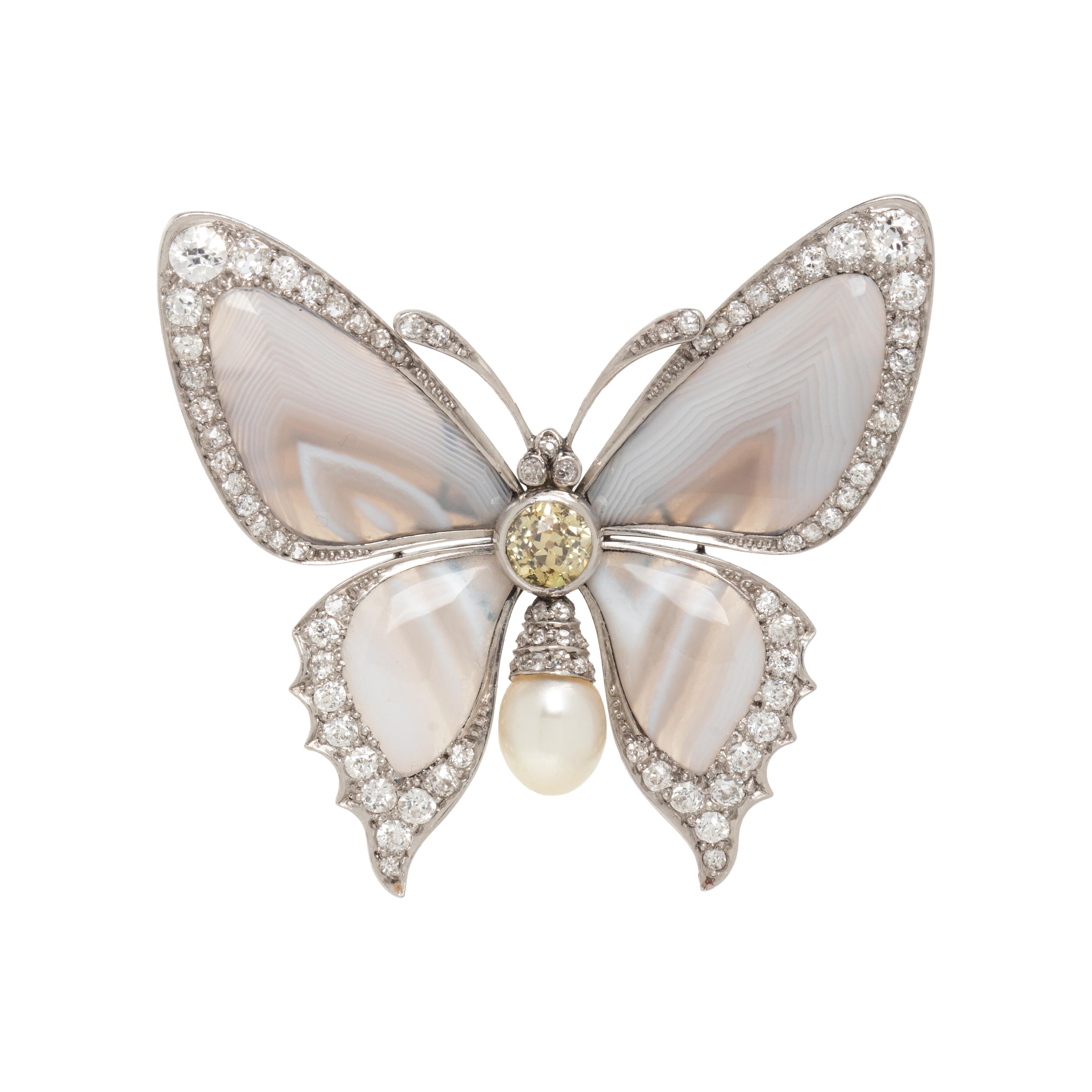 BANDED AGATE, DIAMOND, AND CULTURED PEARL BUTTERFLY BROOCH