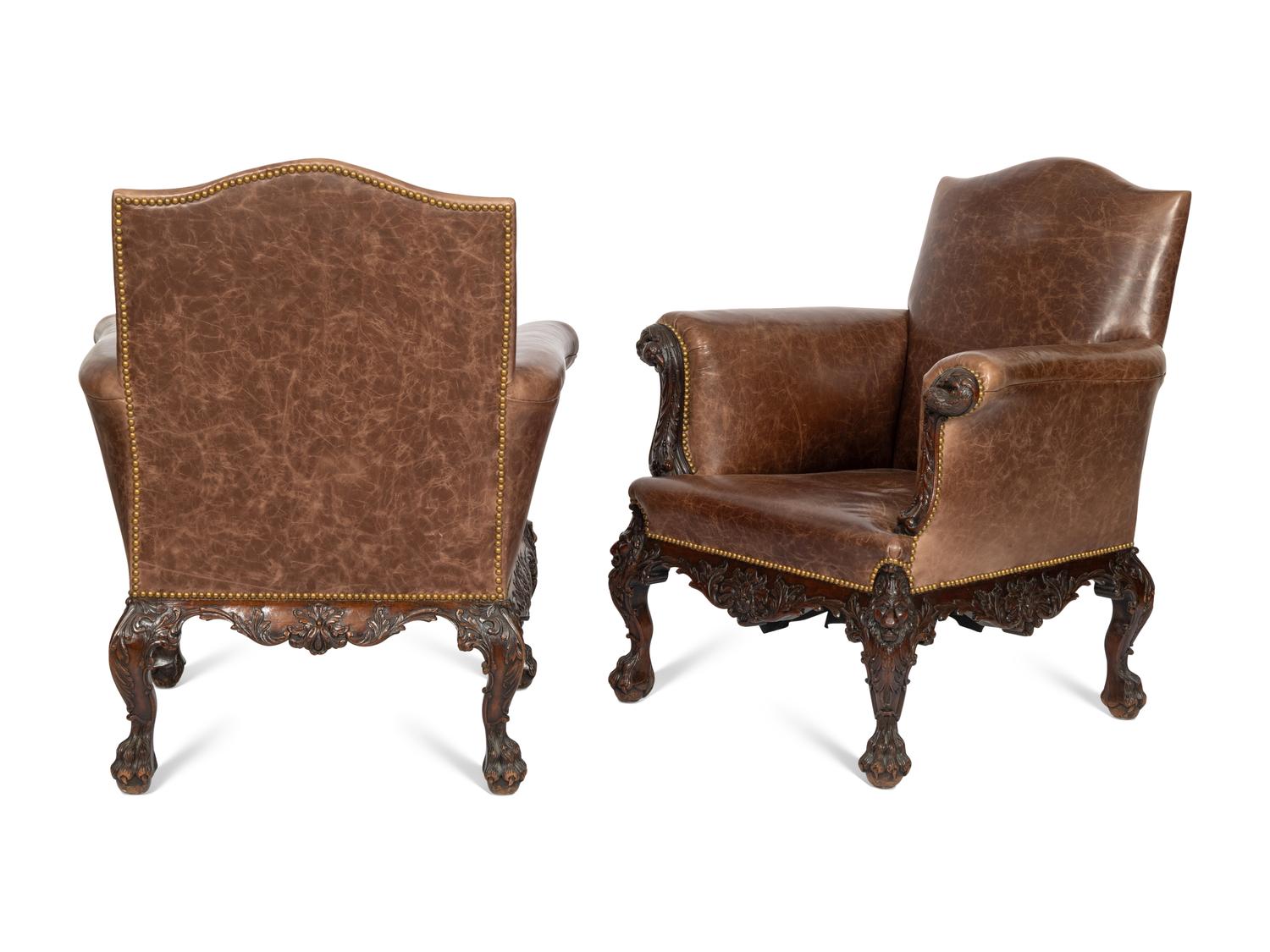 A Pair of Victorian Mahogany and Leather Upholstered Armchairs