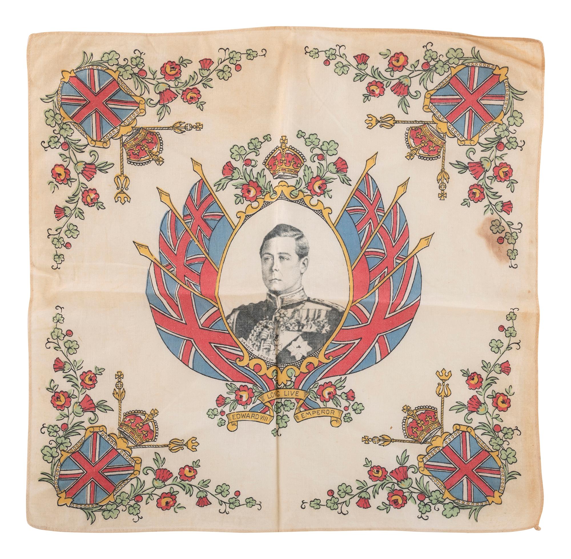 [ROYALTY]. A group of handkerchiefs, ceramics, and other ephemera from Queen VICTORIA, King GEORGE V, and King EDWARD VIII comprising: