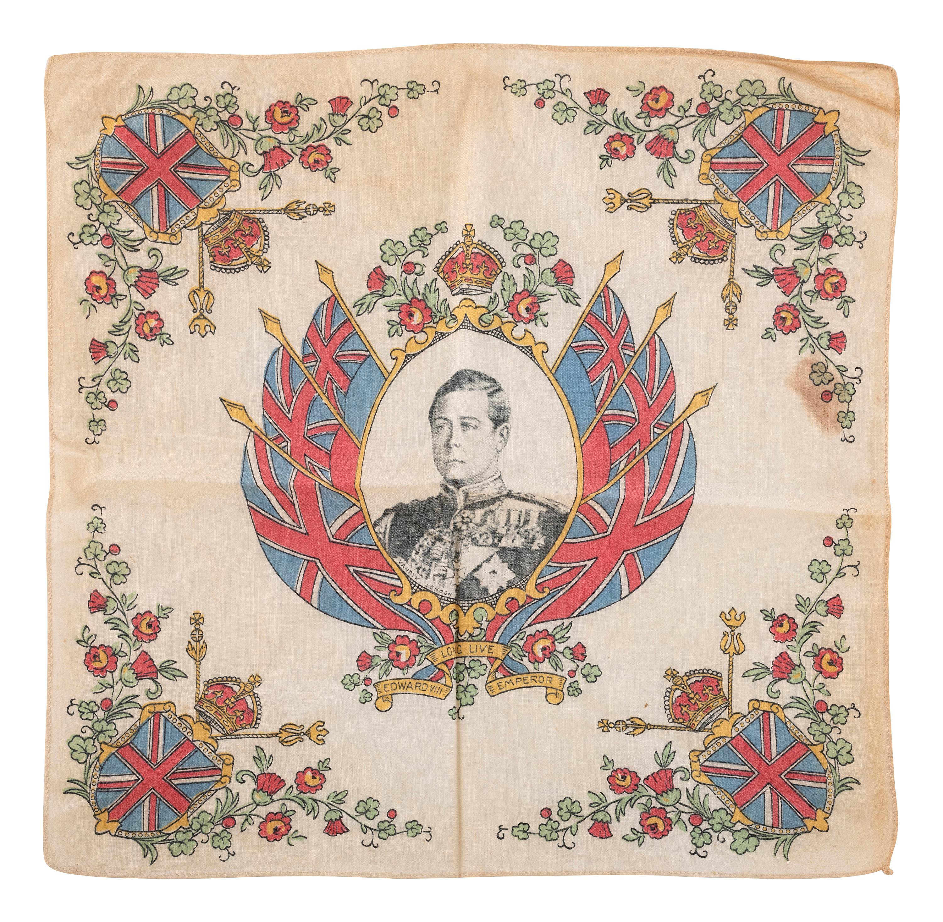 [ROYALTY]. A group of handkerchiefs, ceramics, and other ephemera from Queen VICTORIA, King GEORGE V, and King EDWARD VIII comprising: