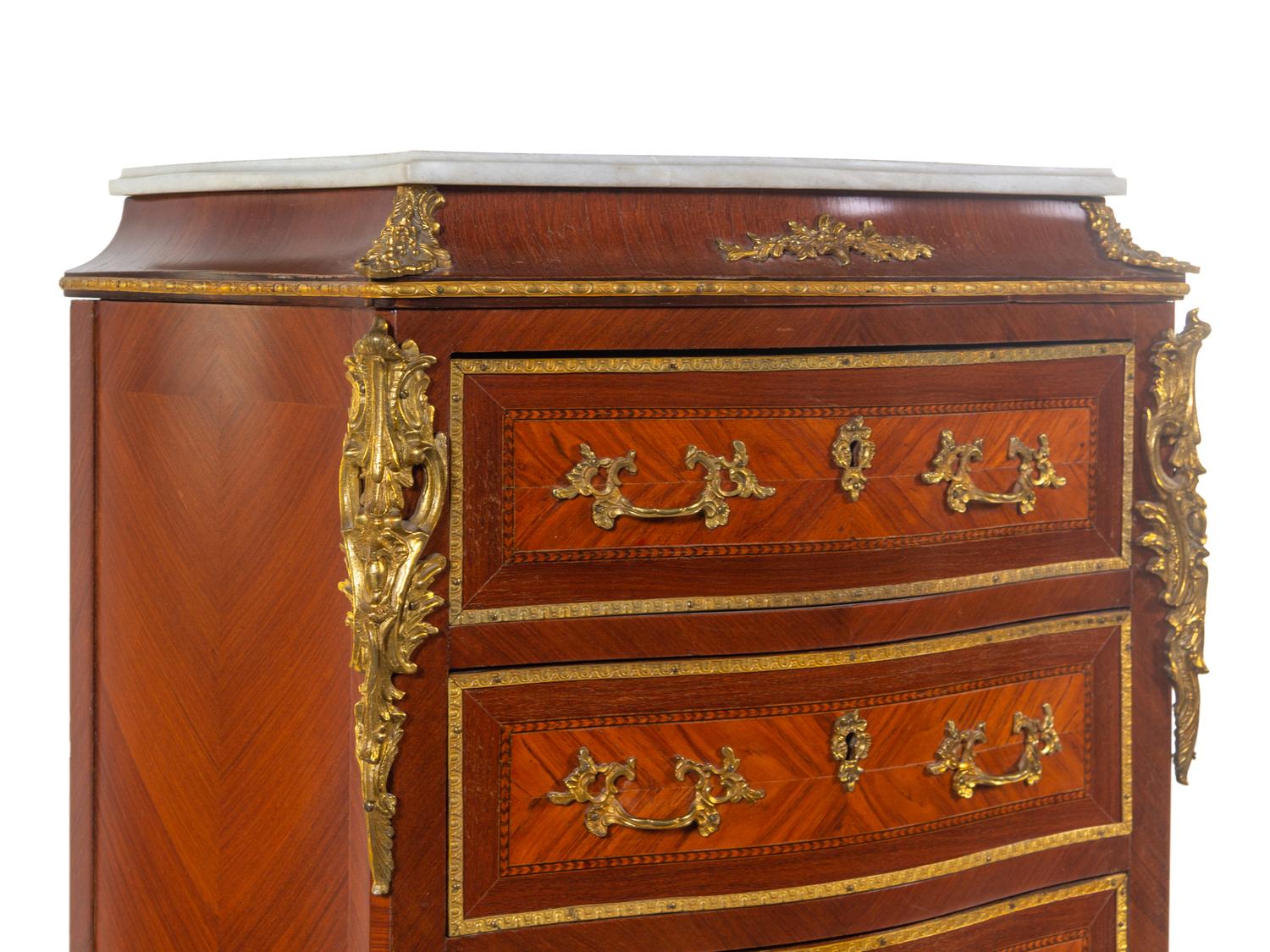 A Napoleon III Style Gilt Bronze Mounted Marble-Top Tall Chest of Drawers
