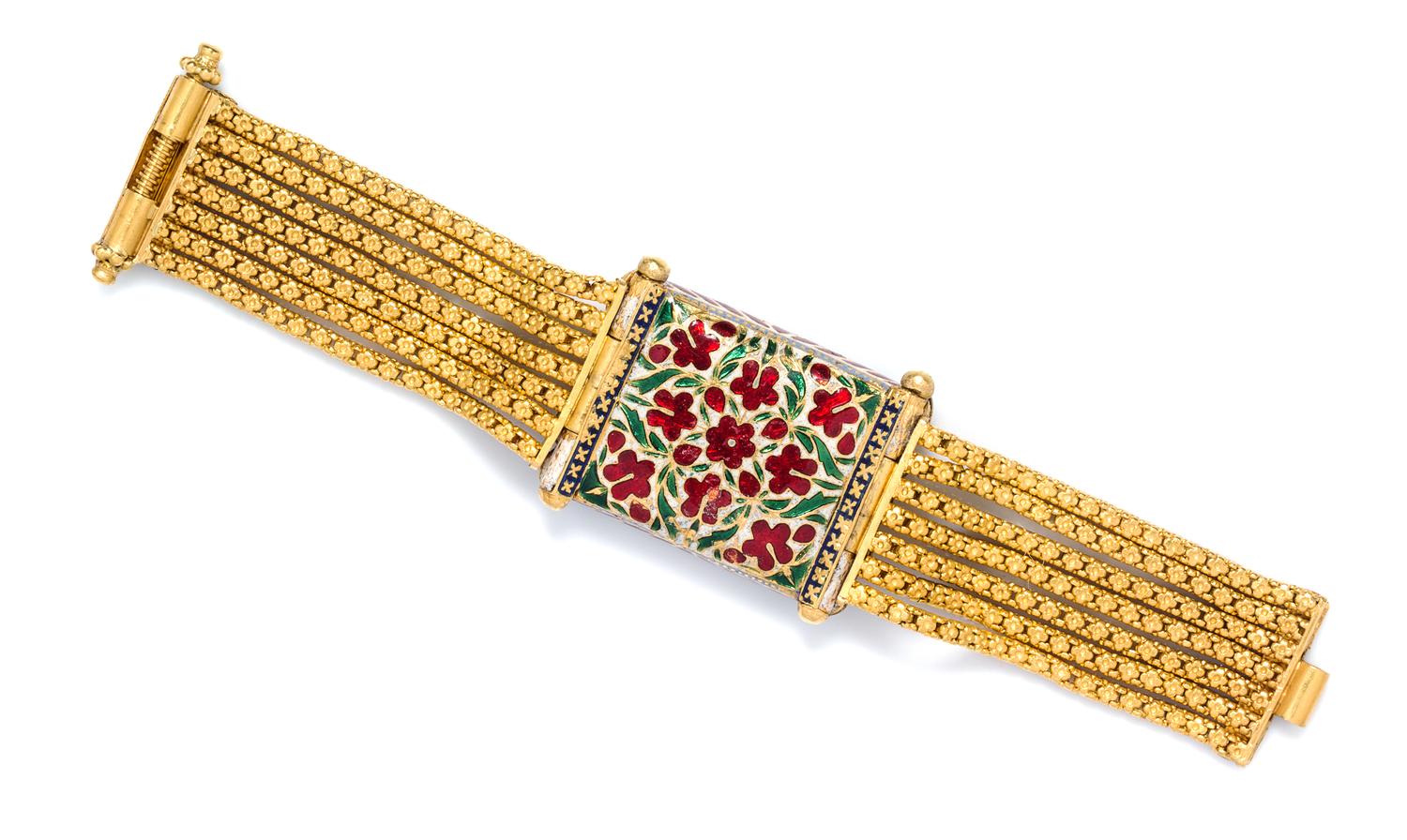 A High Karat Yellow Gold, Diamond and Polychrome Enamel Bracelet, Rajasthan, 105.30 dwts.