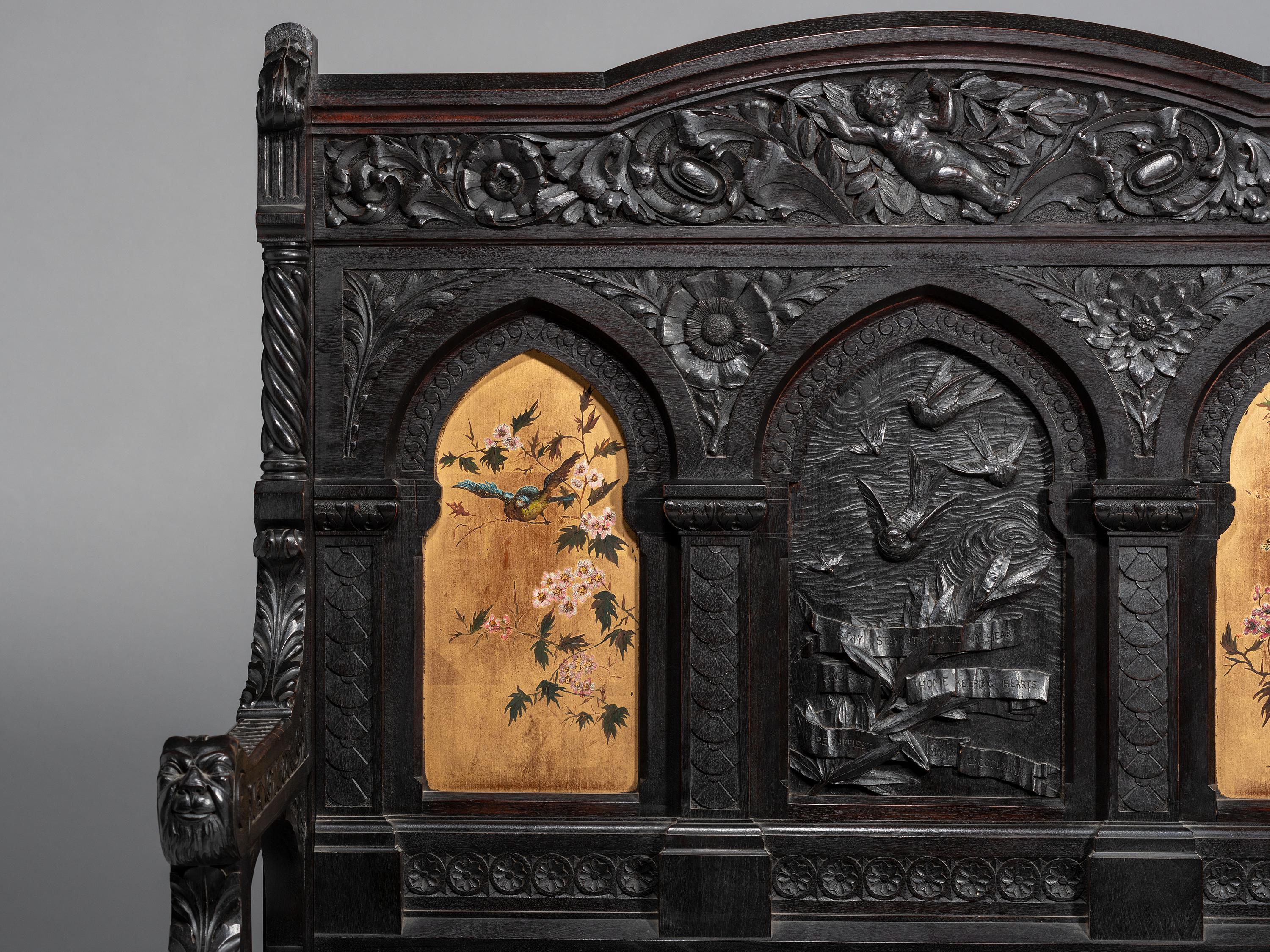 Cincinnati Art-Carved Bench with Inset Painted Panels, 1884