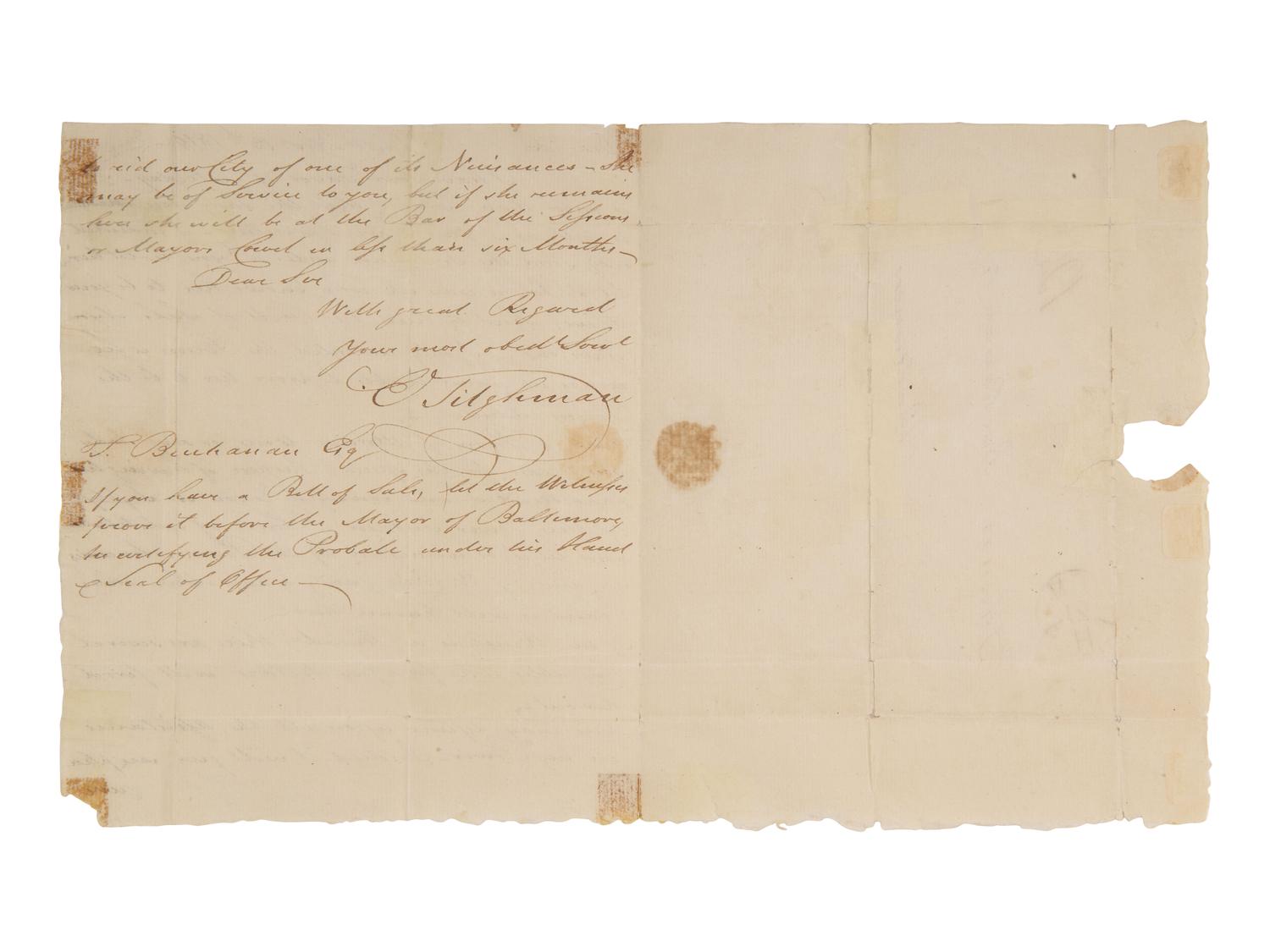 [ENSLAVEMENT]. Letter from Philadelphia regarding the return of a possible runaway slave. 1810.