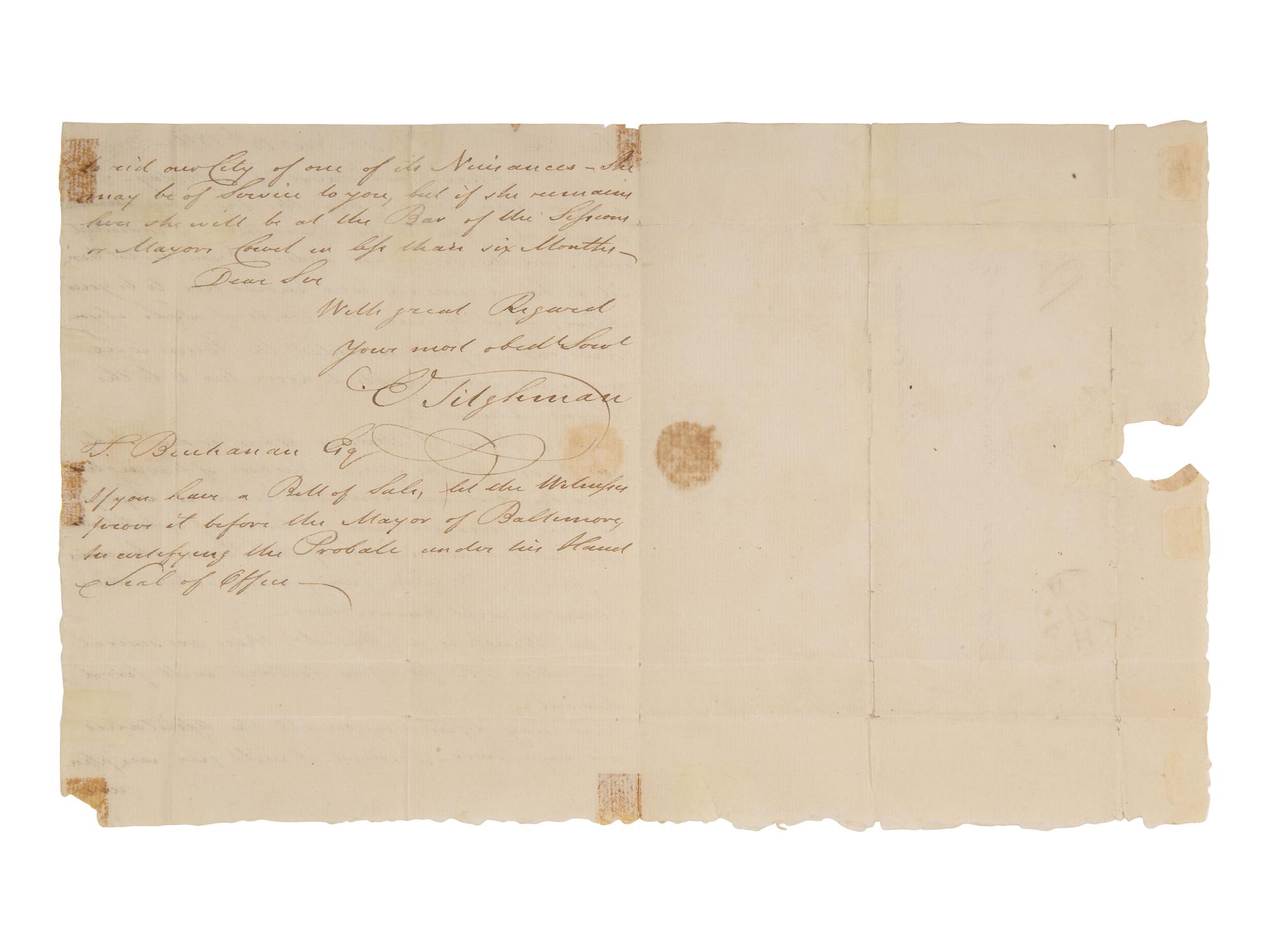 [ENSLAVEMENT]. Letter from Philadelphia regarding the return of a possible runaway slave. 1810.