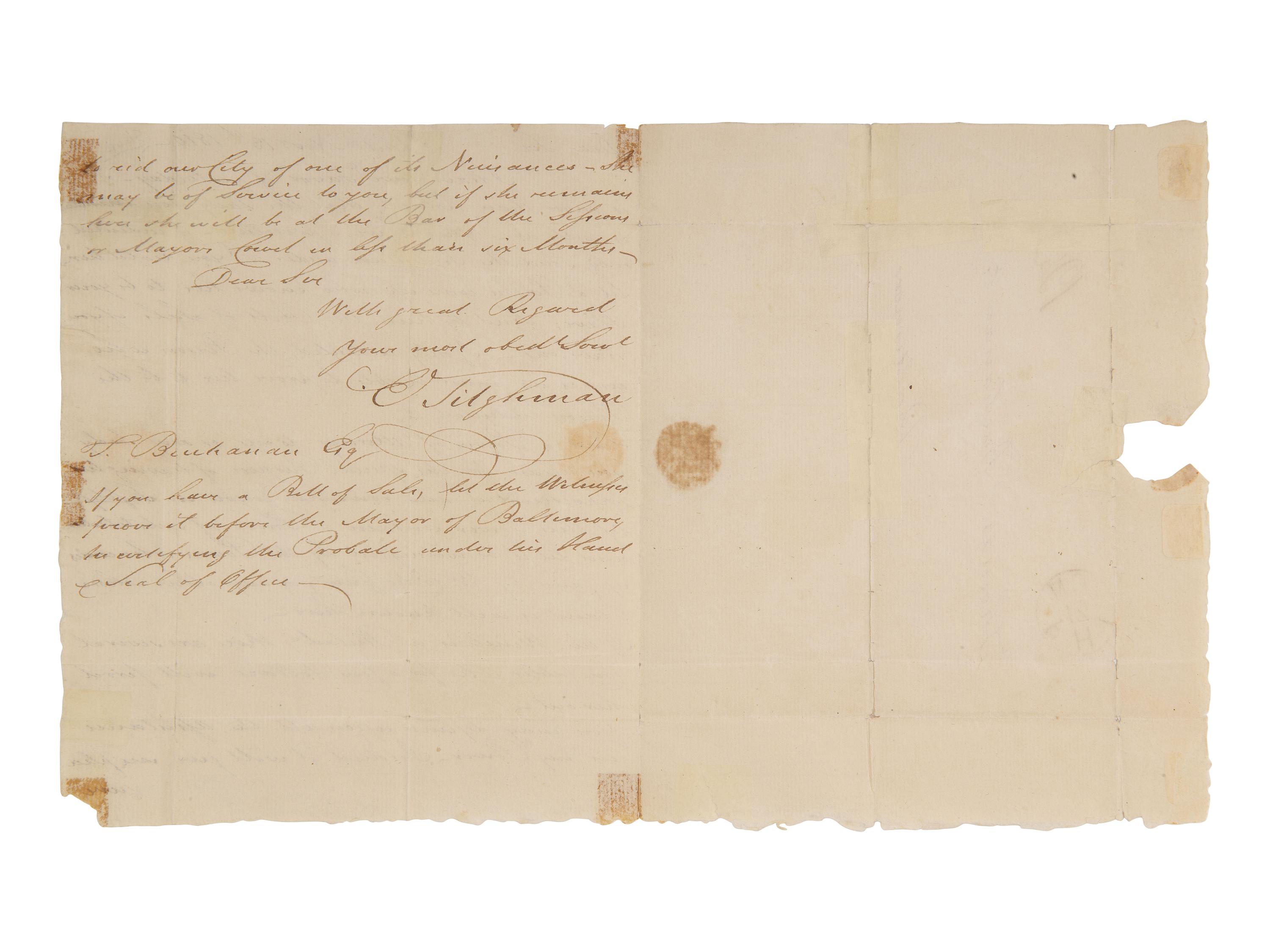 [ENSLAVEMENT]. Letter from Philadelphia regarding the return of a possible runaway slave. 1810.