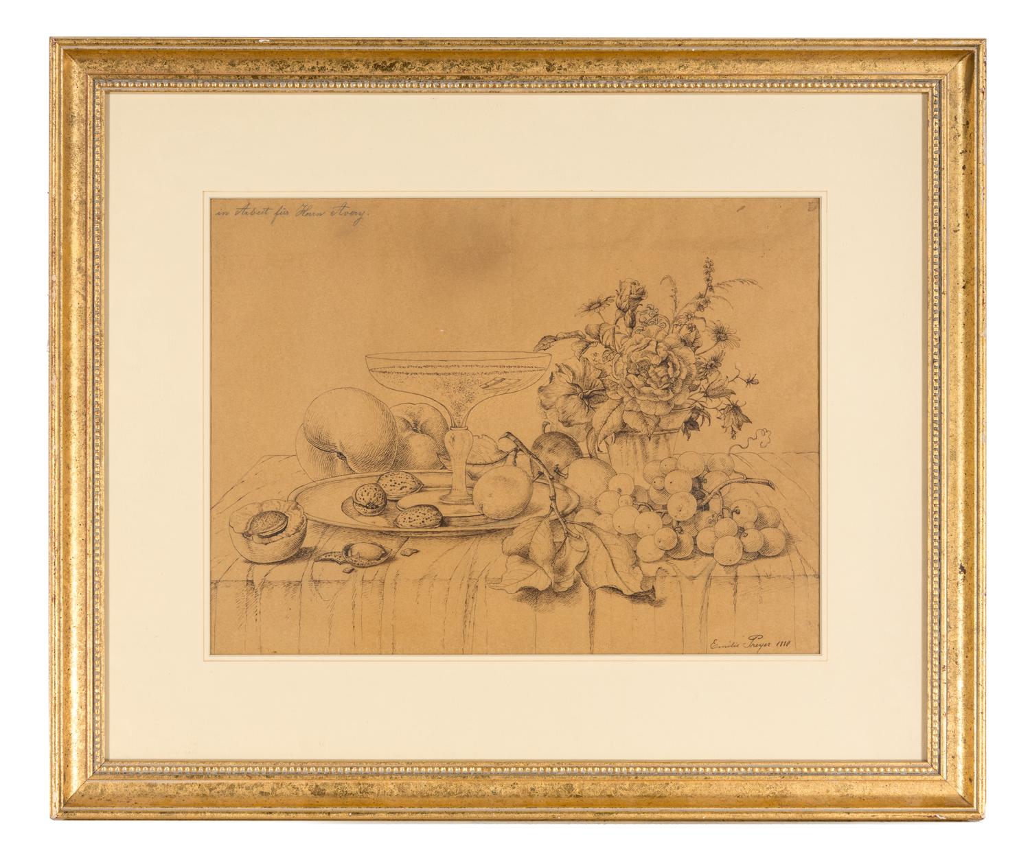Früchtestilleben mit Blumen und Sektschale , 1880