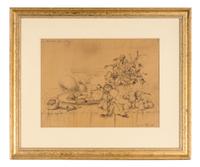 Früchtestilleben mit Blumen und Sektschale , 1880