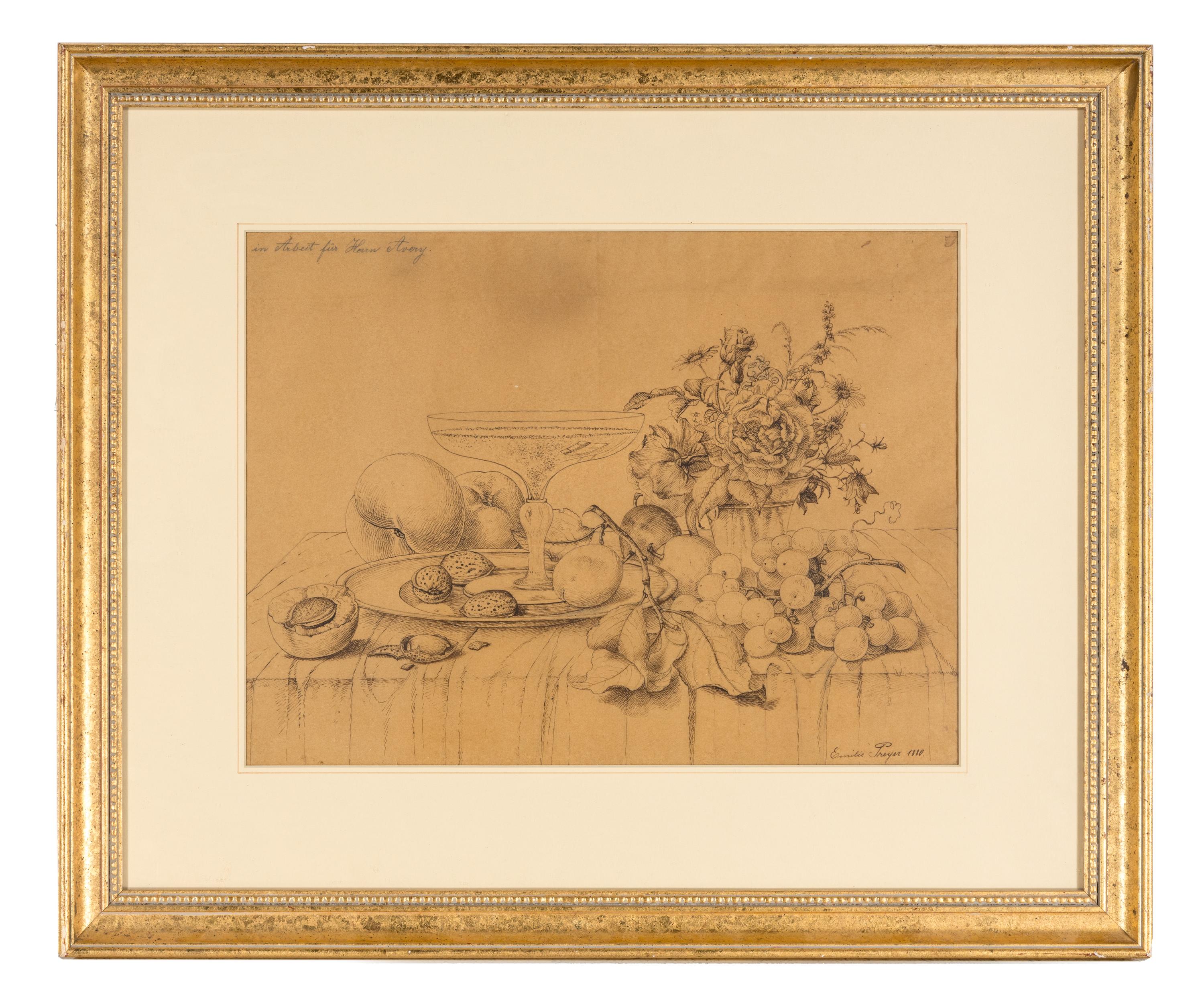 Früchtestilleben mit Blumen und Sektschale , 1880