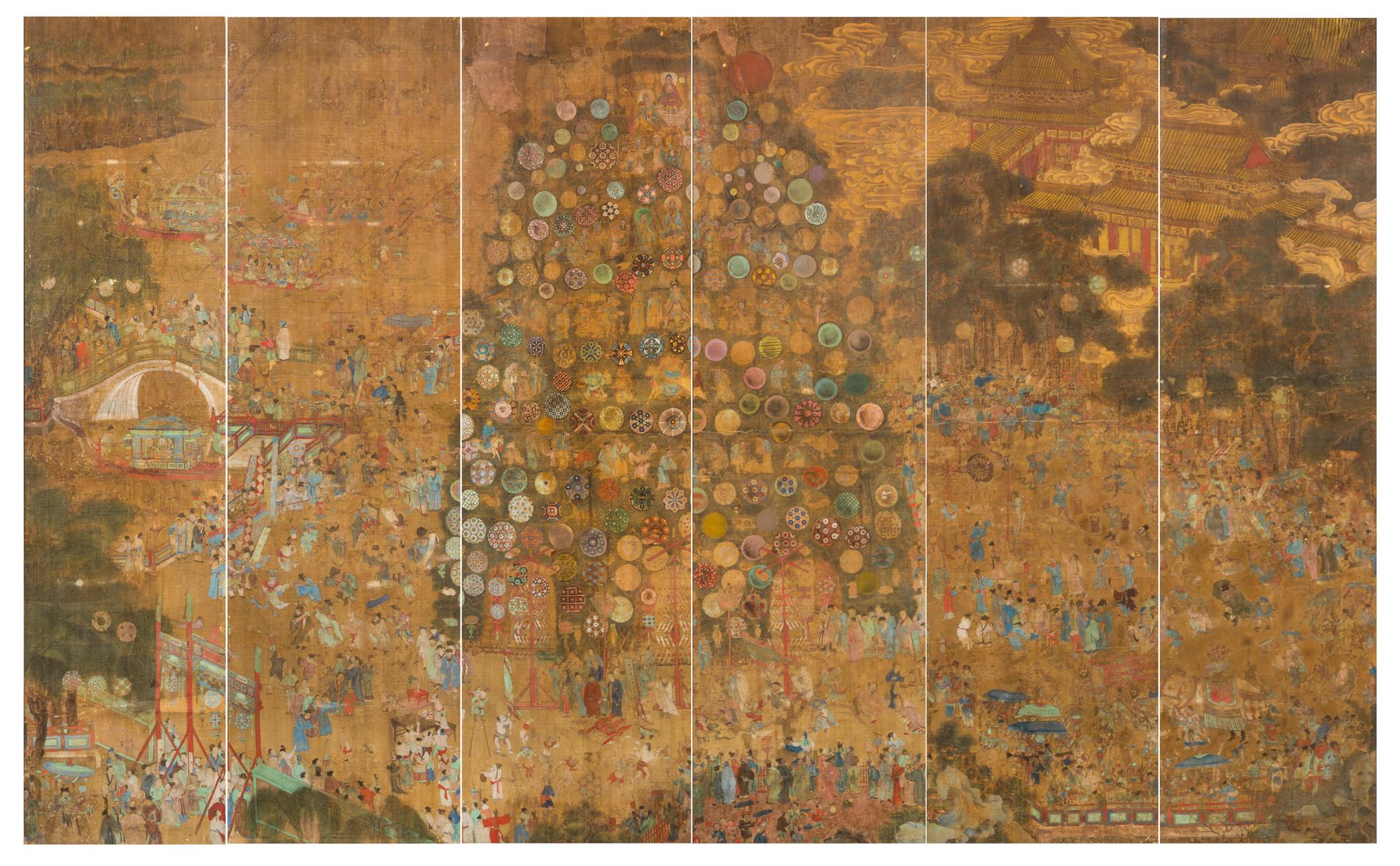 A Set of Six Chinese Ink and Color on Silk Panels MING DYNASTY 81 1/4 x 22 3/4 inches. — MING DYNASTY
