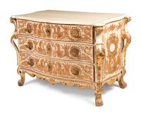 A Portuguese Baroque Gilt Bronze Mounted Painted and Parcel Gilt Commode