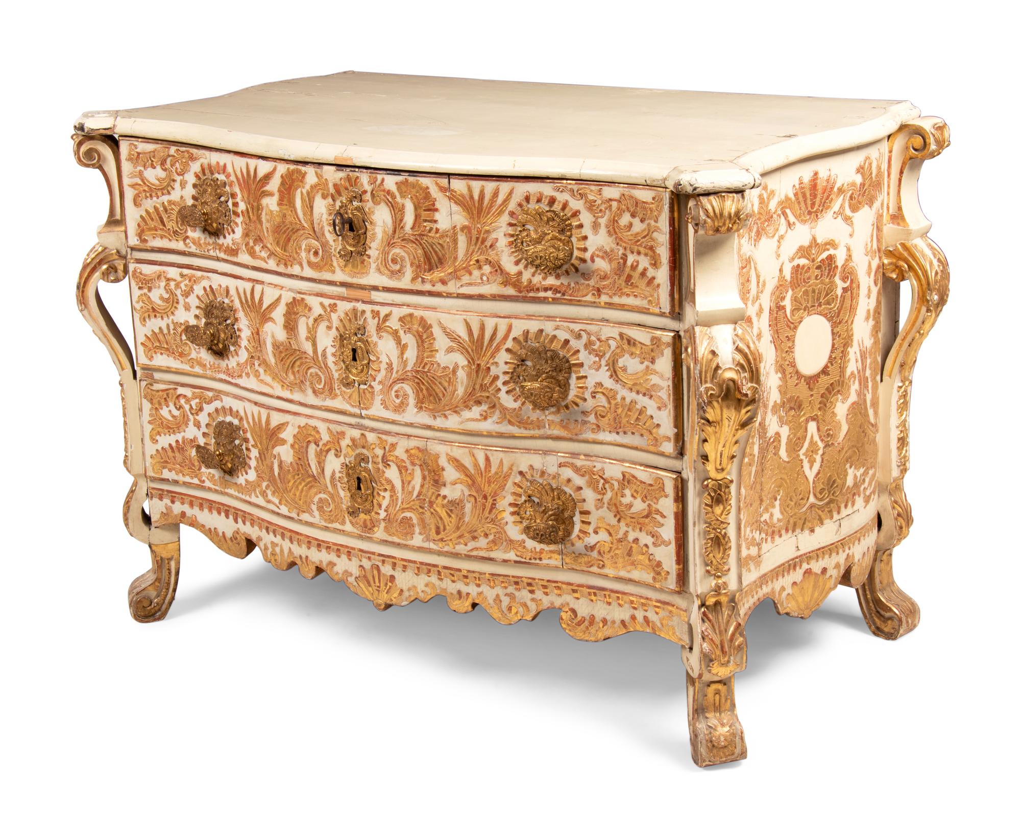 A Portuguese Baroque Gilt Bronze Mounted Painted and Parcel Gilt Commode