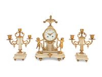 A Louis XVI Style Gilt Bronze and Marble Clock Garniture