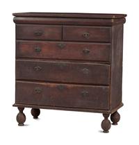 A Rare William and Mary Brown Painted Poplar, Cherrywood, and Pine Two-Drawer Blanket Chest
