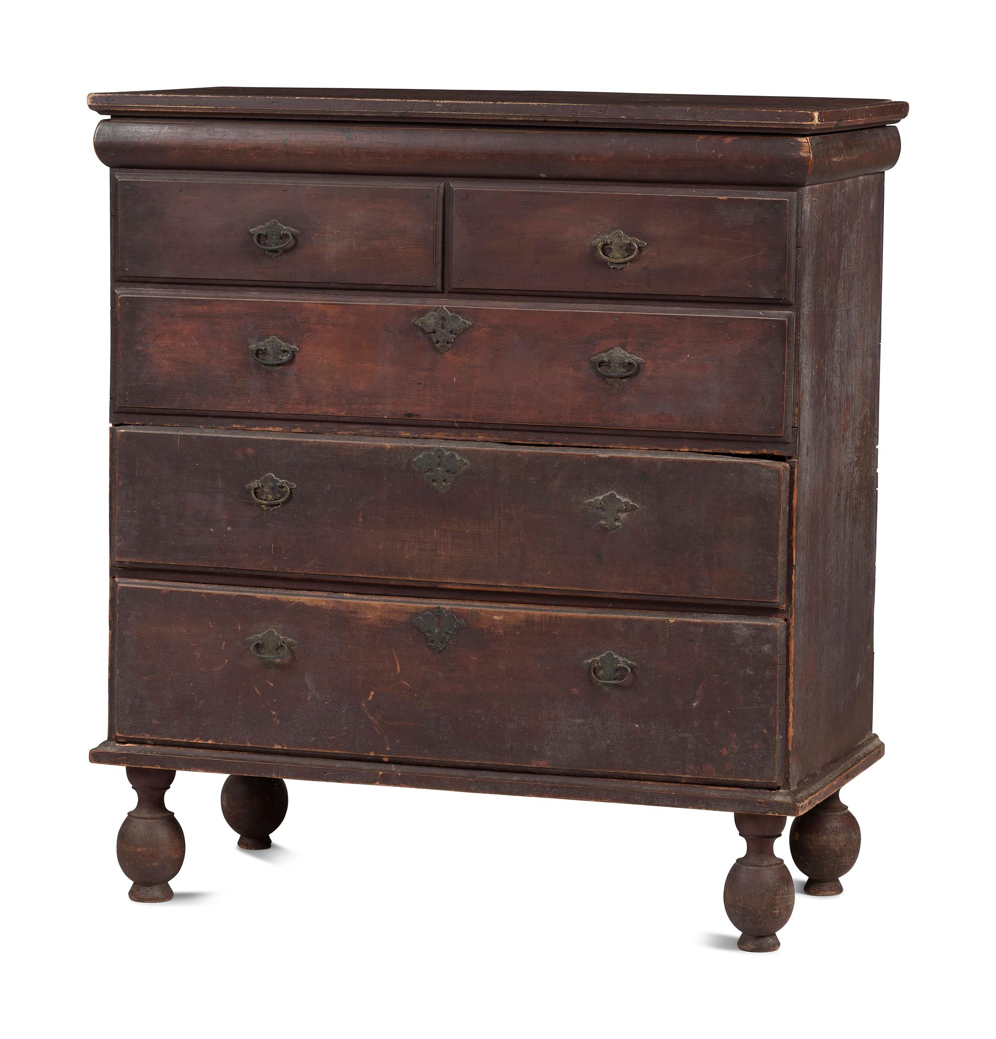 A Rare William and Mary Brown Painted Poplar, Cherrywood, and Pine Two-Drawer Blanket Chest