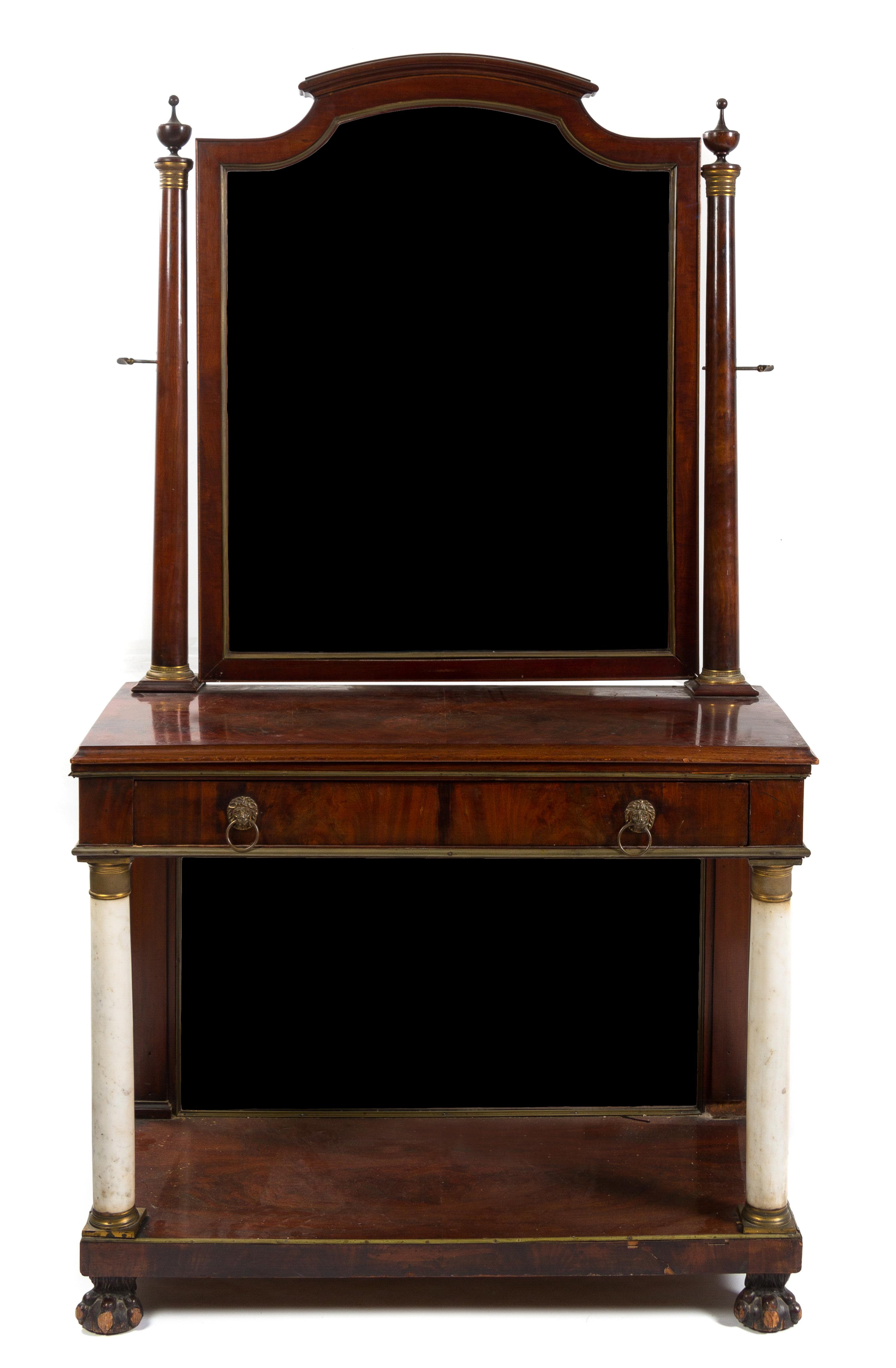 A Regency Marble and Gilt Metal Mounted Mahogany Dressing Table Height 71 x width 40 1/2 x depth 17 3/4 inches. — FIRST QUARTER 19TH CENTURY