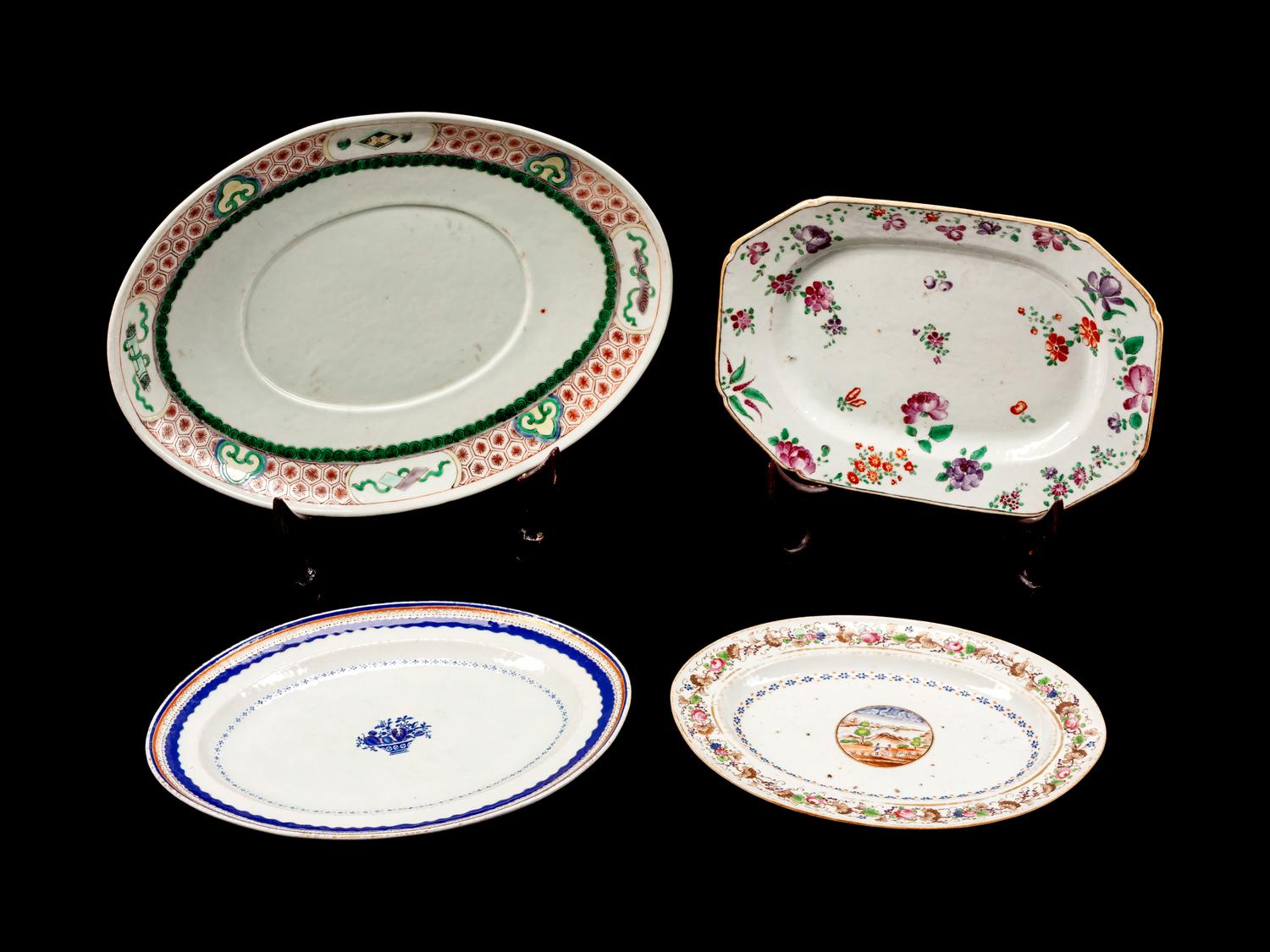 Three Chinese Export Porcelain Chargers and a Tureen Stand