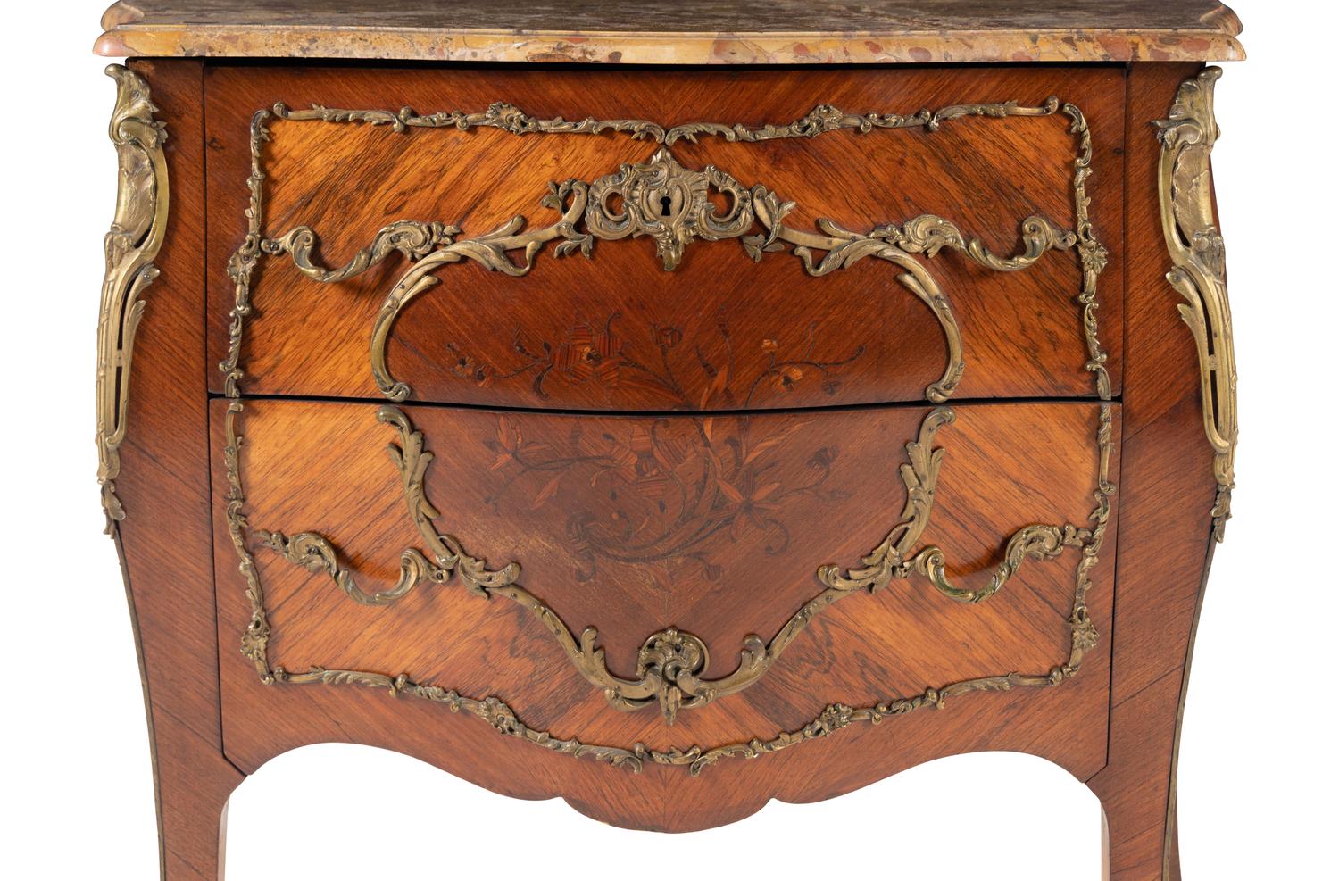 A Louis XV Style Gilt Bronze Mounted Marquetry Marble-Top Commode