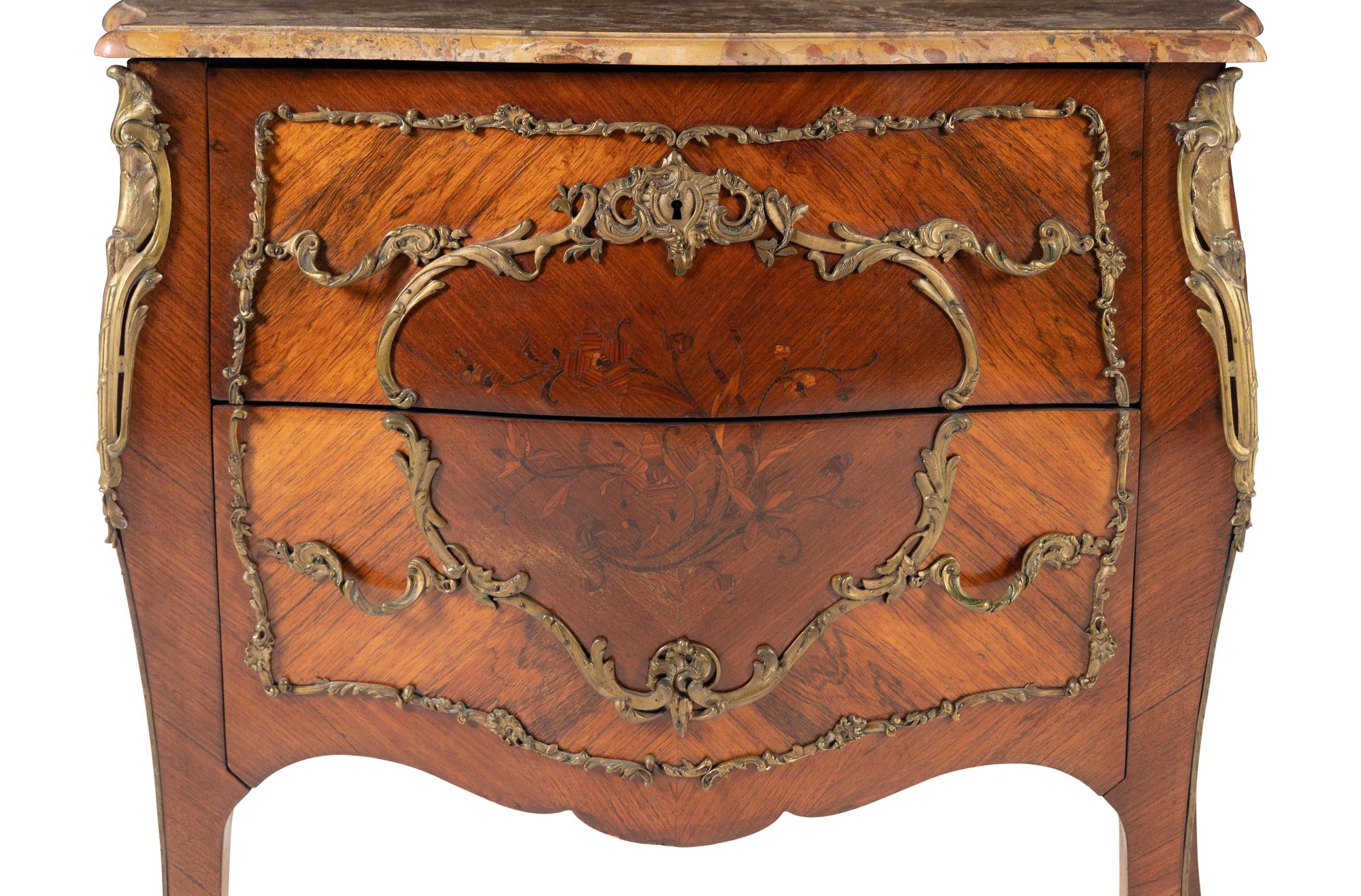 A Louis XV Style Gilt Bronze Mounted Marquetry Marble-Top Commode